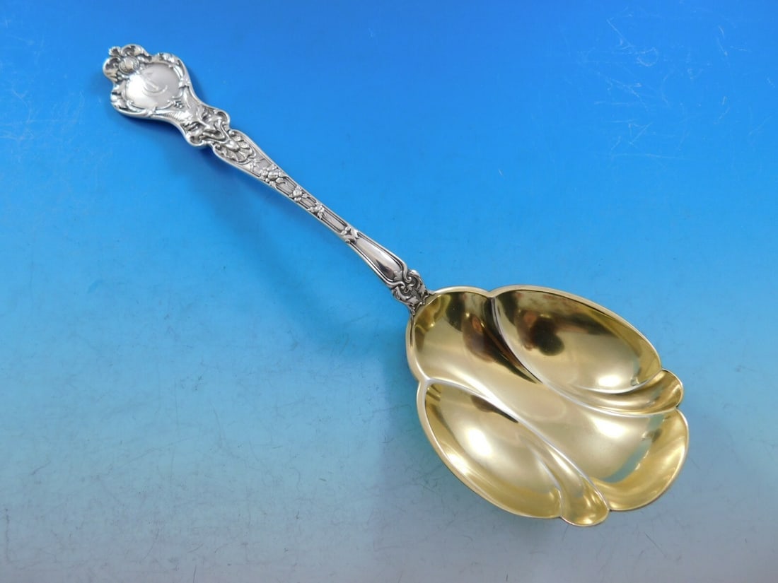 Alvin Nuremburg Vintage Sterling Silver Berry Spoon Gold Wash 8.5": Alvin Nuremburg Vintage Sterling Silver Berry Spoon Gold Wash 8.5" This stunning vintage serving spoon, part of the Nuremburg pattern by Alvin, dates back to the early 20th century (1900-1940). Crafte
