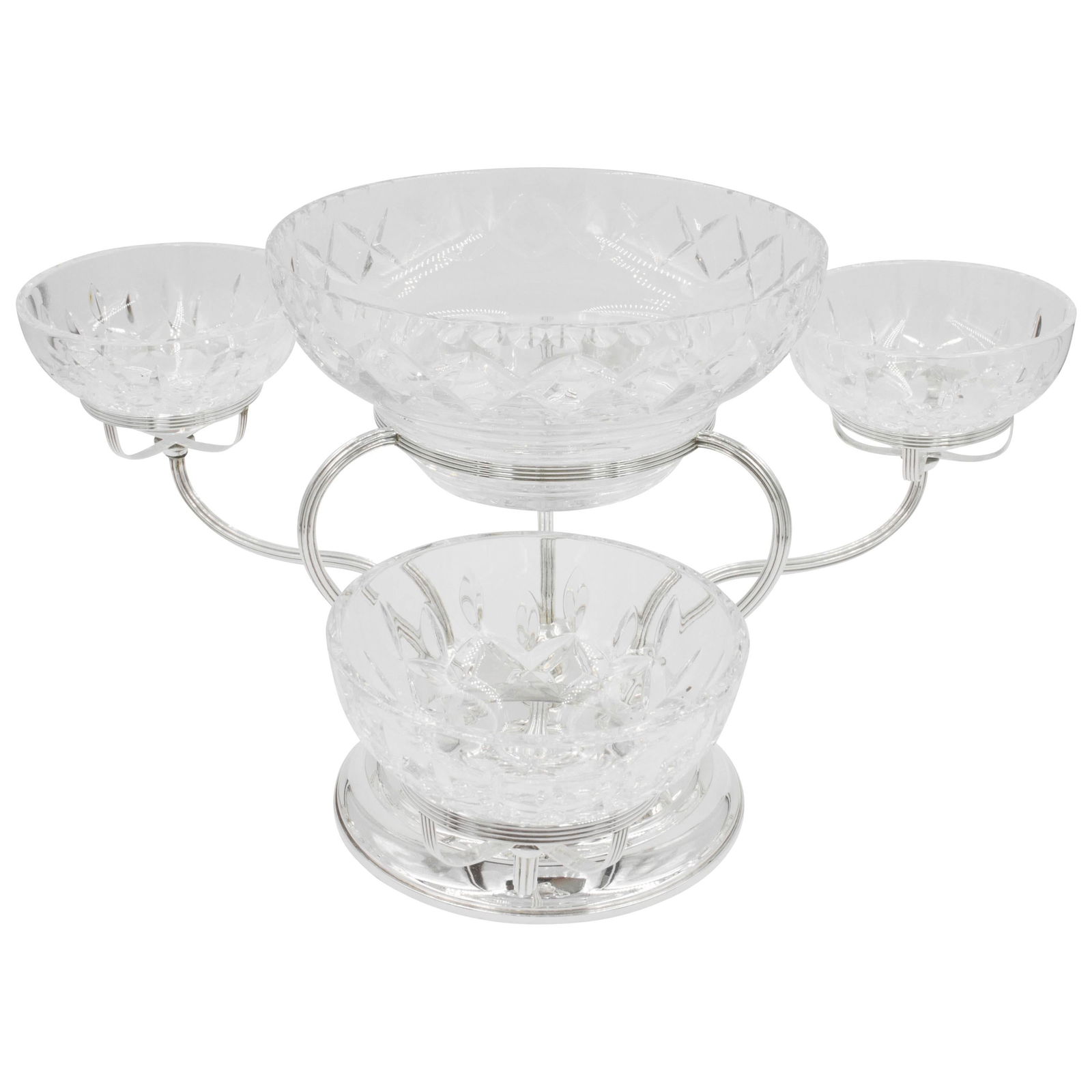 Gorham Sterling Silver and Crystal Art Deco Epergne Centerpiece: Gorham Sterling Silver and Crystal Art Deco Epergne Centerpiece This stunning Sterling and Crystal Epergne is a remarkable centerpiece that beautifully blends Art Deco elegance with modern flair. Stan