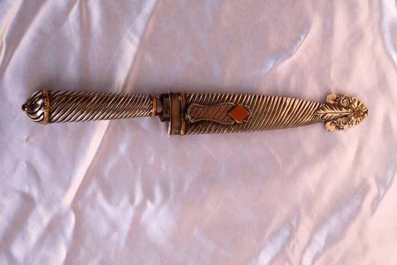 19th Century German 800 Silver Gold Knife with Cover Signed: 19th Century German 800 Silver Gold Knife with Cover Signed This exquisite 19th century German knife is crafted from 800 silver and features a stunning gold finish. Handmade with exceptional detail an