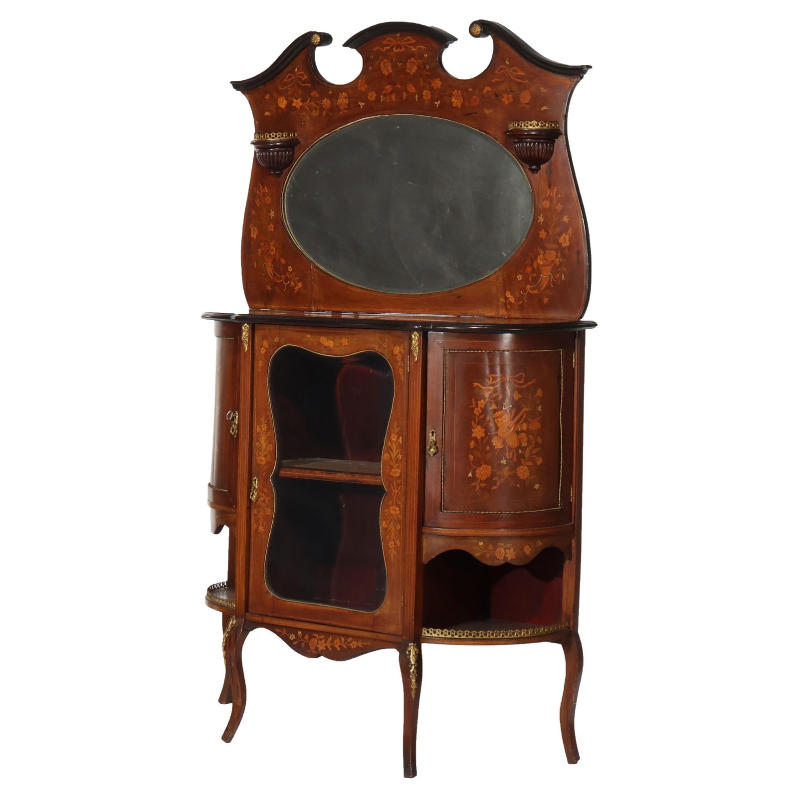 19th Century French Ebonized Rosewood Ormolu Curio Top Cabinet: 19th Century French Ebonized Rosewood Ormolu Curio Top Cabinet This exquisite antique French curio cabinet, crafted circa 1890, features a striking combination of ebonized rosewood, intricate marquetr