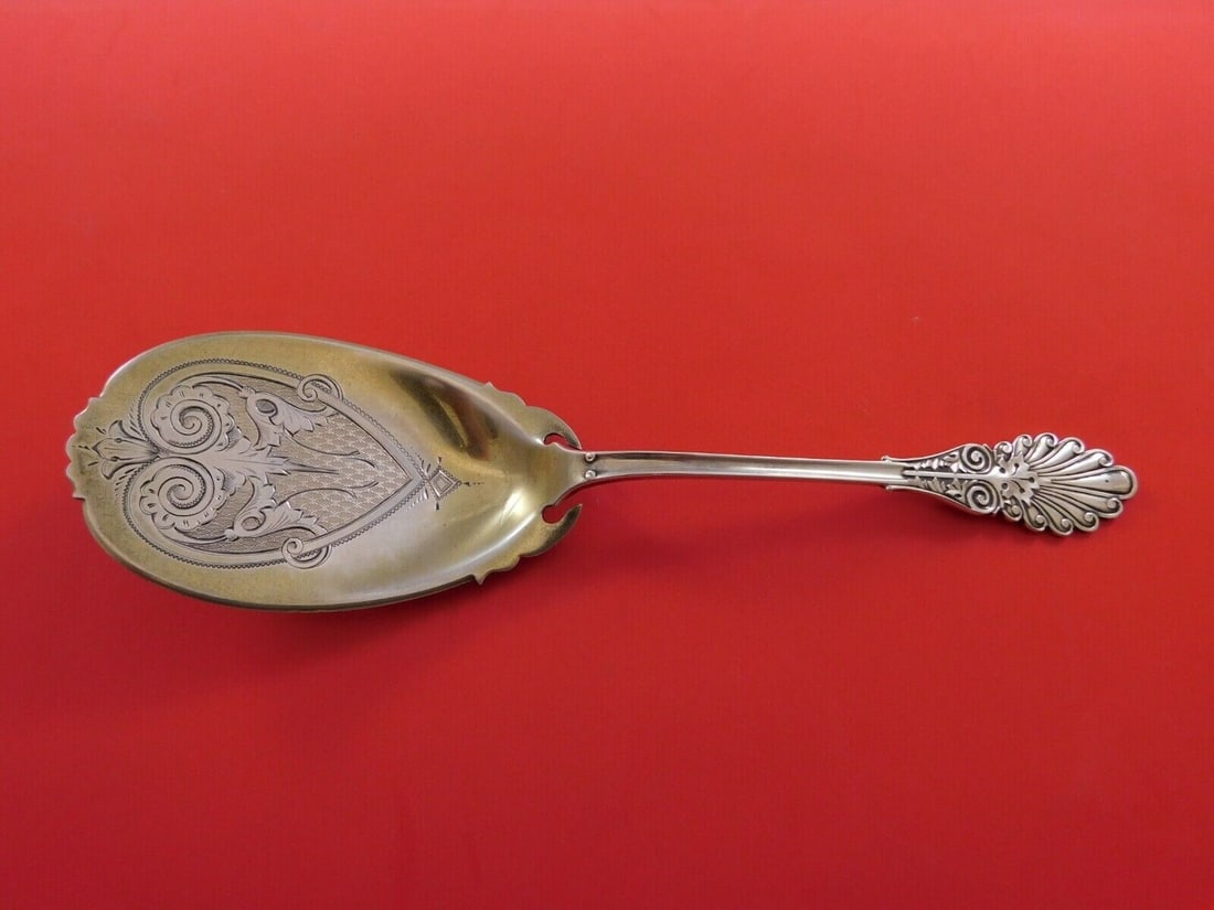 Wood & Hughes Grecian Sterling Silver Fried Oyster Server 9 1/2" Gold Washed: Wood & Hughes Grecian Sterling Silver Fried Oyster Server 9 1/2" Gold Washed Presenting the Grecian Fried Oyster Server crafted by Wood & Hughes, a remarkable example of fine sterling silverware. This