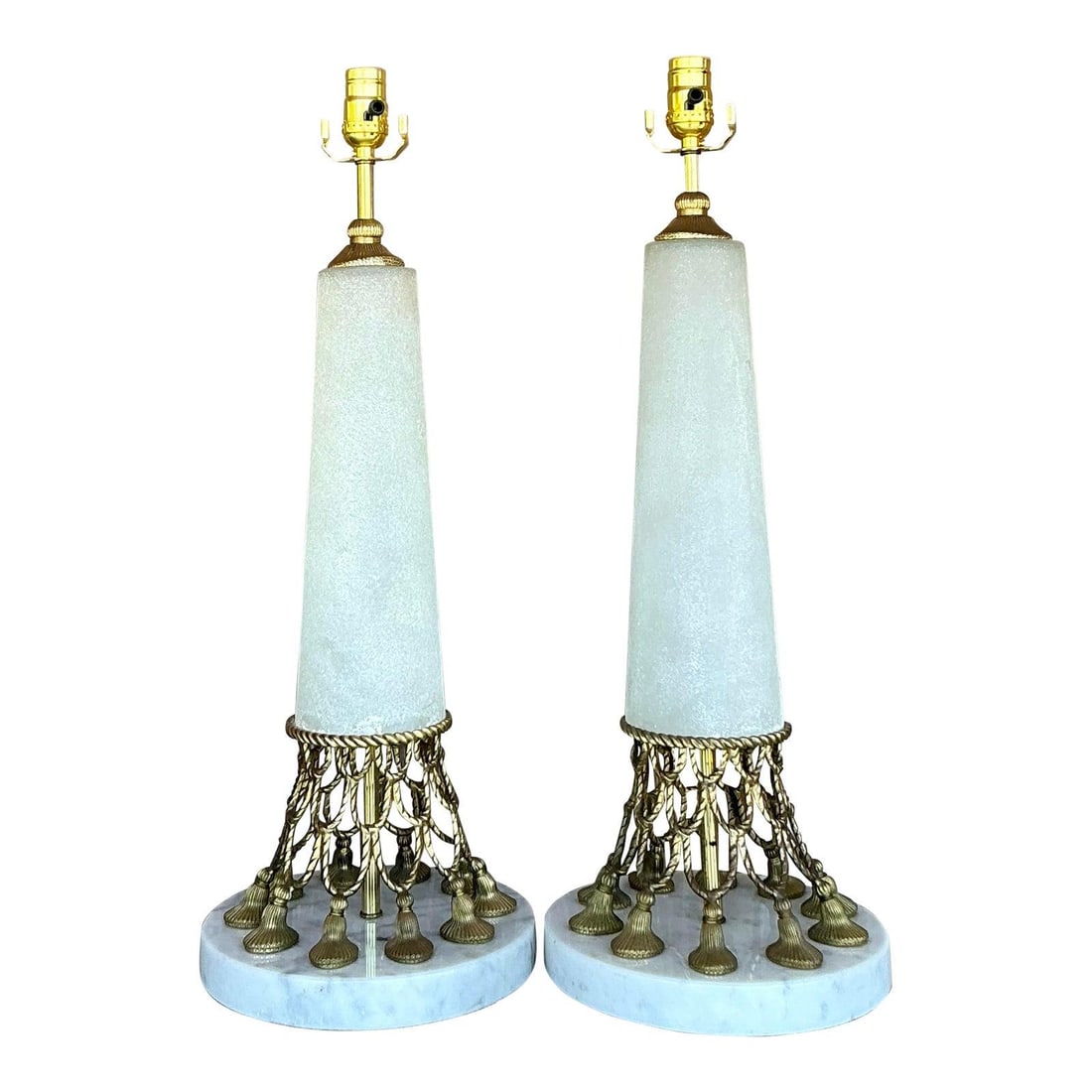 Hollywood Regency Vintage Brass Lamps with Marble Base - Pair: Hollywood Regency Vintage Brass Lamps with Marble Base - Pair Enhance your interior with this exquisite pair of vintage table lamps that exude Hollywood Regency glamour. Each lamp features an intricat