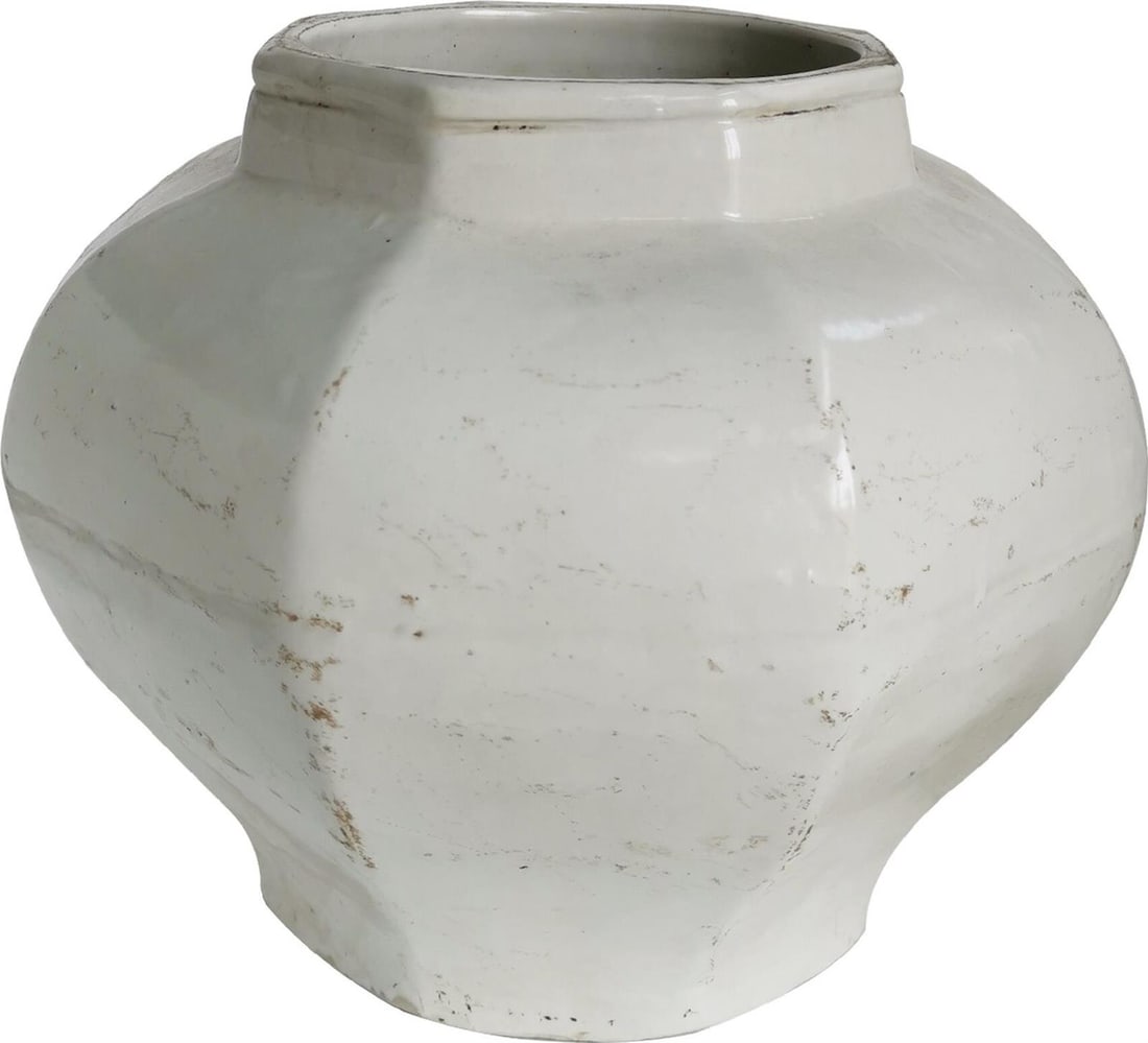 Handmade Octagonal White Crackle Ceramic Jar for Asian Decor: Handmade Octagonal White Crackle Ceramic Jar for Asian Decor Enhance your home decor with this elegant octagonal jar, crafted from ceramic with a stunning white crackle finish. This handmade piece emb