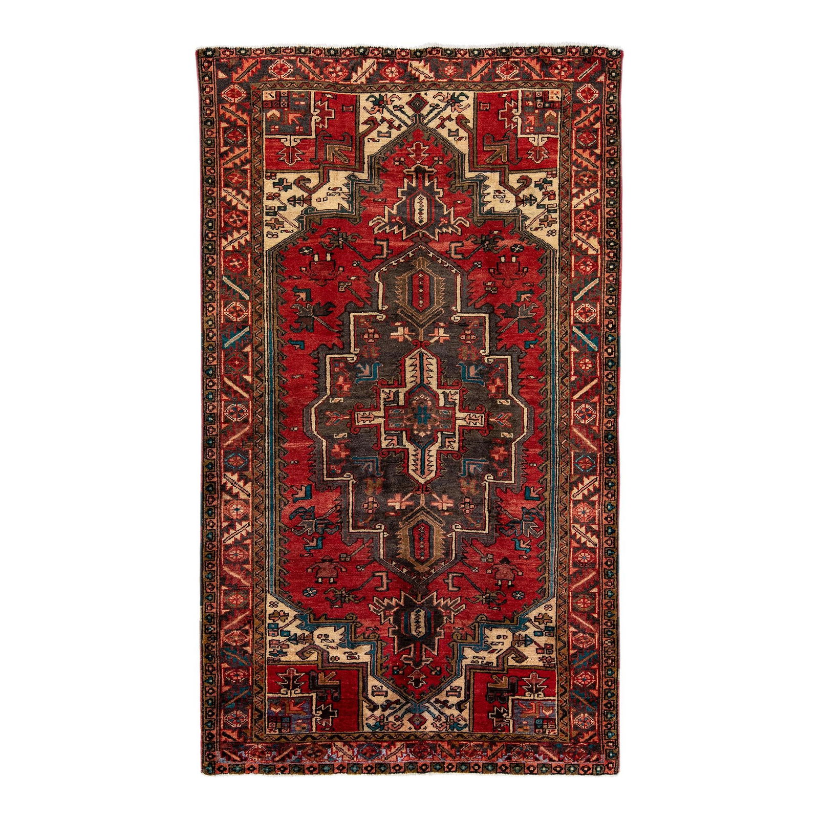 Vintage Handmade Heriz Red Geometric Wool Rug 4'6 X 7'10: Vintage Handmade Heriz Red Geometric Wool Rug 4'6 X 7'10 This vintage handmade Heriz rug features a stunning red field adorned with a multicolored geometric design, showcasing the intricate craftsmans