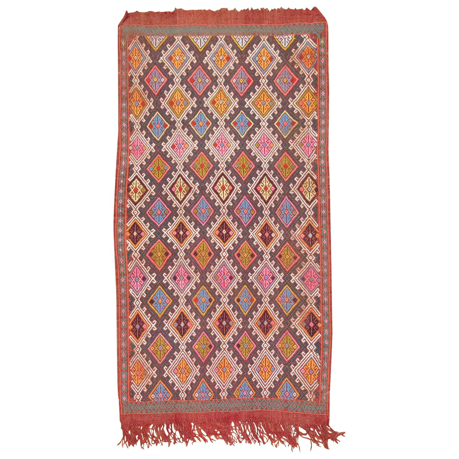 Mid-Century Colorful Turkish Jajim Flat-Weave Wool Rug 44 x 81: Mid-Century Colorful Turkish Jajim Flat-Weave Wool Rug 44 x 81 This vibrant mid-20th century Turkish Jajim flat-weave is a stunning piece that showcases the traditional Jijim weaving technique. Made f