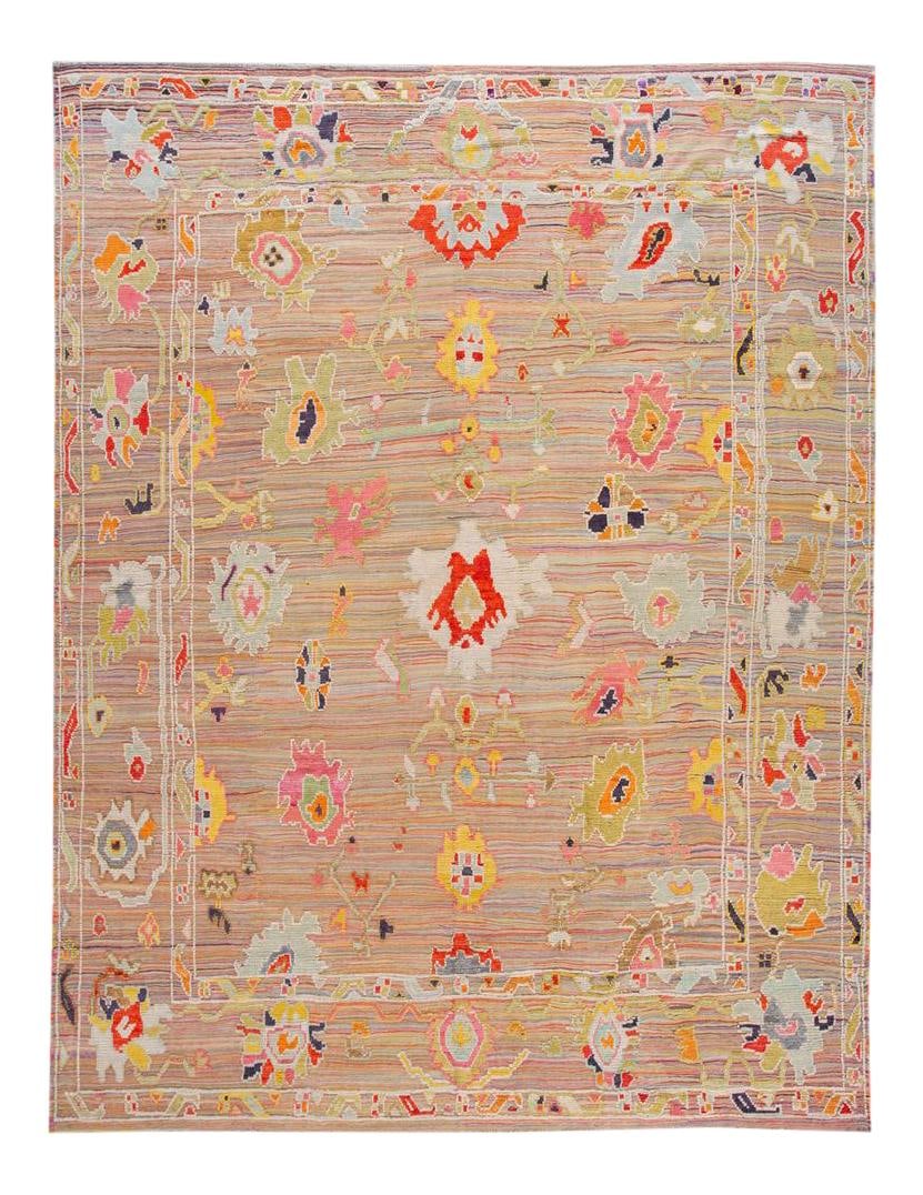 Vibrant Hand-Knotted Turkish Wool Rug 12'2 x 15'10 Multi-Color: Vibrant Hand-Knotted Turkish Wool Rug 12'2 x 15'10 Multi-Color Enhance your space with this stunning Modern Turkish Hand-knotted Oversize Wool Rug, featuring a vibrant multi-color field. The rug showc