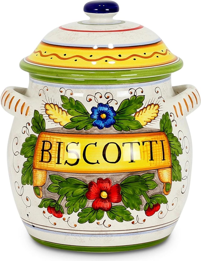 Handmade Traditional Tuscan Ceramic Biscotti Jar 10H x 8W x 8D: Handmade Traditional Tuscan Ceramic Biscotti Jar 10H x 8W x 8D This exquisite Deruta Style Traditional Tuscan Biscotti Jar is a stunning addition to your kitchen or dining room. Handcrafted from durab
