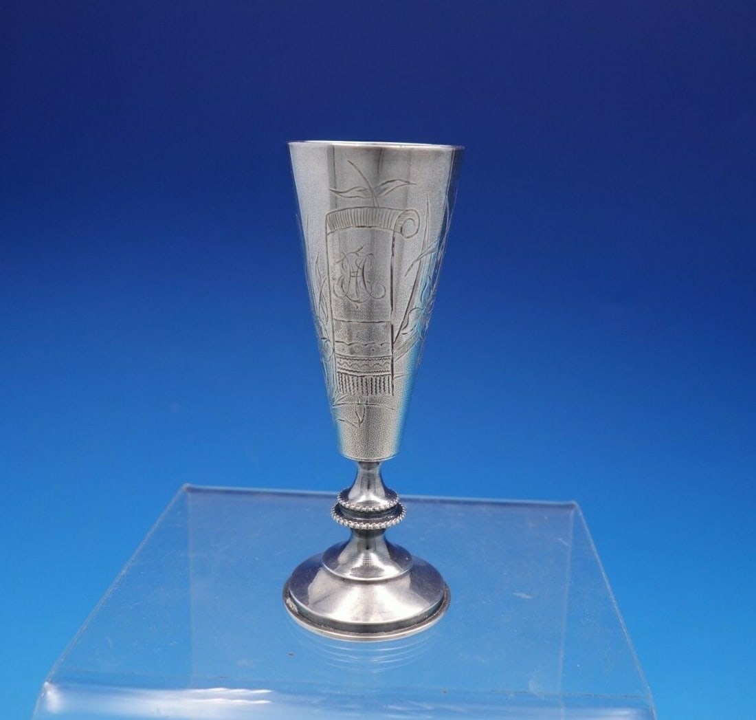 Engraved Russian .875 Silver Cordial Cup with Cattails (1 of 8)