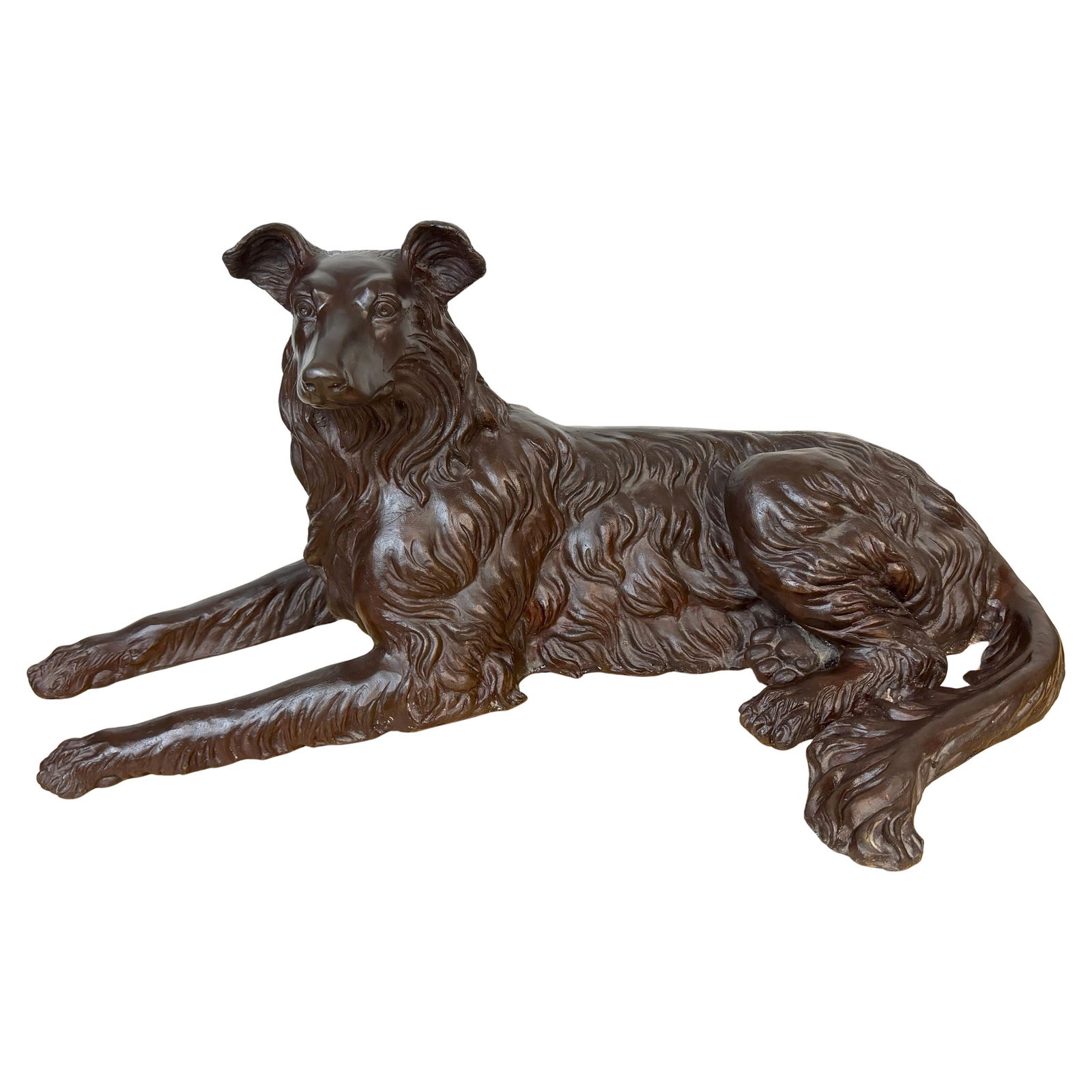 Bronze Reclining Sighthound Sculpture Italian Neoclassical 20th Century 40 Inch: Bronze Reclining Sighthound Sculpture Italian Neoclassical 20th Century 40 Inch This impressive life-size bronze sculpture depicts a reclining Deerhound or Borzoi-type sighthound, crafted in Italy dur