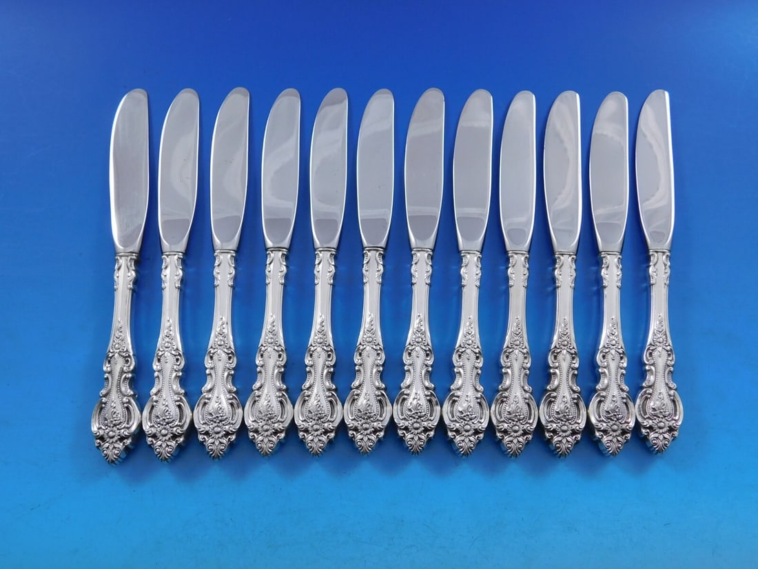 Wallace Grand Victorian Sterling Silver Butter Spreader Set of 12: Wallace Grand Victorian Sterling Silver Butter Spreader Set of 12 This exquisite set of 12 butter spreaders features the Grand Victorian pattern by Wallace, crafted from high-quality sterling silver w