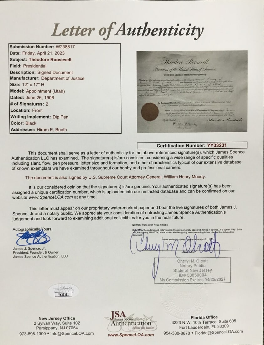 Theodore Roosevelt Signed Appointment Document Custom Frame JSA Authenticated - 7