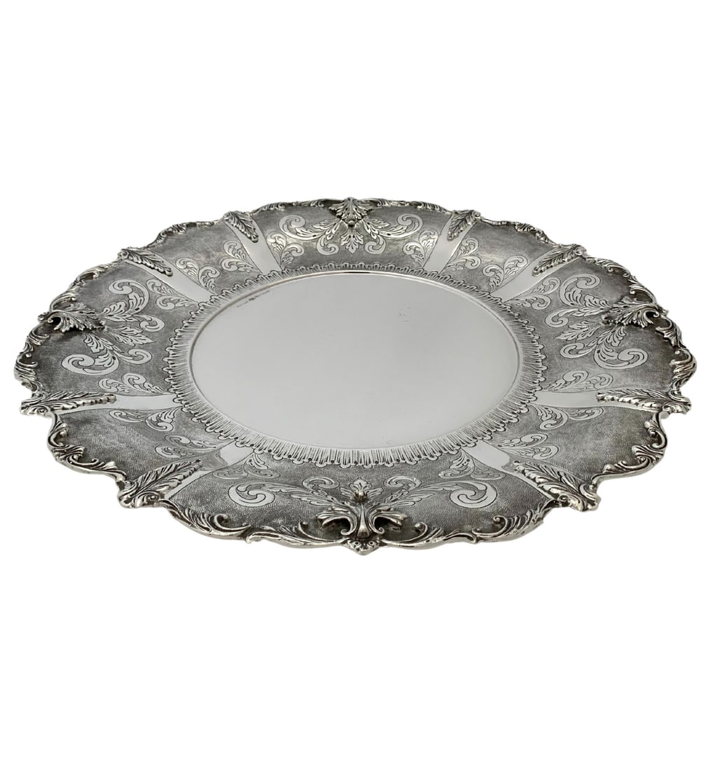 Handmade 925 Sterling Silver Round Tray Matte Shiny Leaf Design 17.50" (1 of 4)