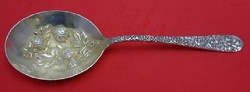 Jacobi and Jenkins Sterling Silver Berry Spoon Goldwashed 10 1/4 Inch with Strawberries: Jacobi and Jenkins Sterling Silver Berry Spoon Goldwashed 10 1/4 Inch with Strawberries This exquisite berry spoon features a stunning Repousse design by Jacobi & Jenkins. Crafted from sterling silver