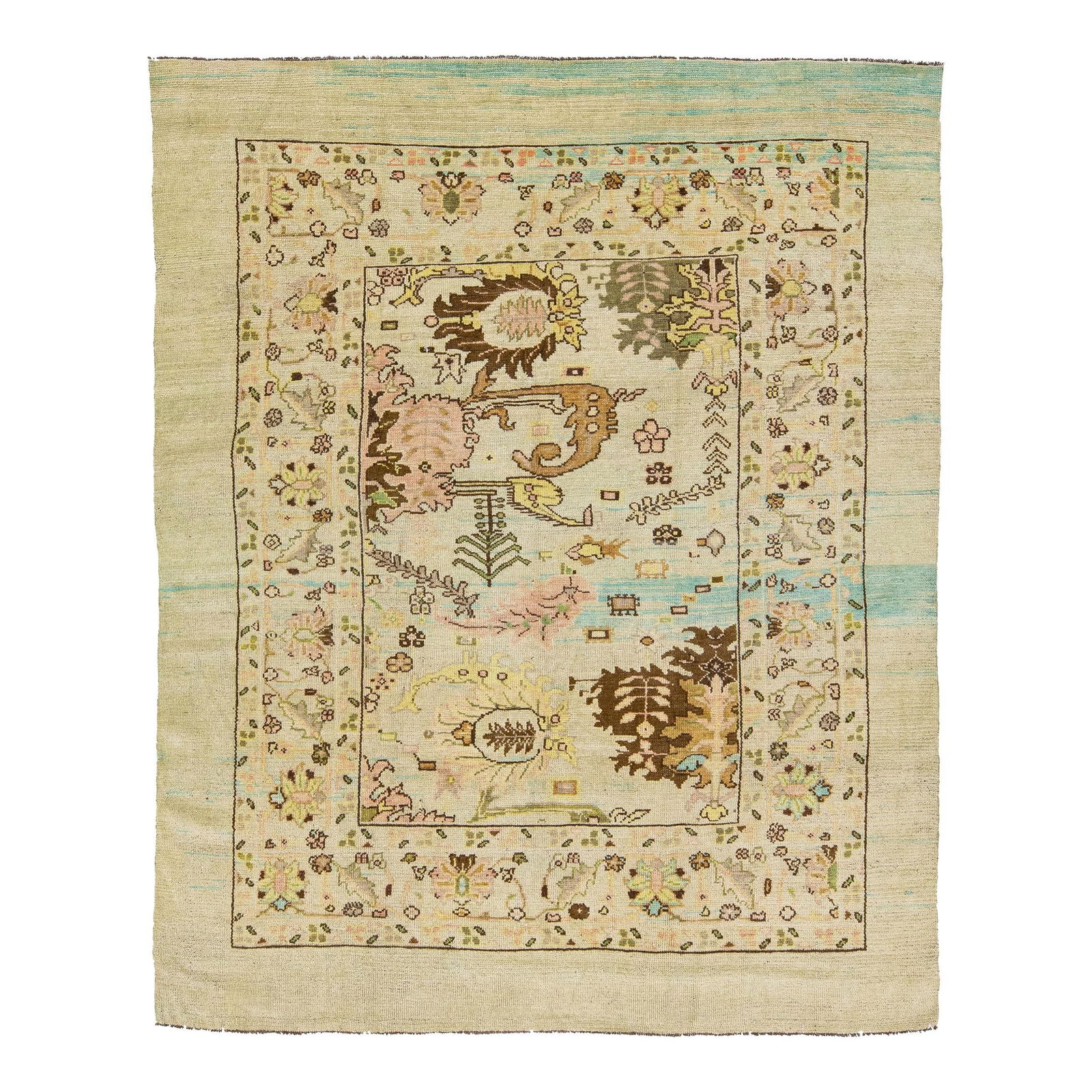 Handmade Beige Wool Rug Mid-Century Floral Motif 7'1" x 9': Handmade Beige Wool Rug Mid-Century Floral Motif 7'1" x 9' Elevate your home decor with this exquisite Mid-Century Transitional Style Handmade Floral Motif Rug. Inspired by 19th-century artisans, this