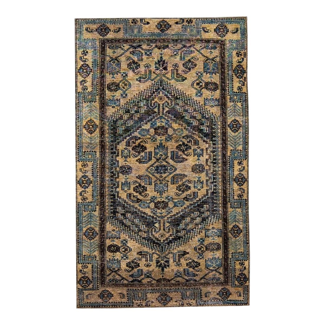 Vintage Geometric Brown Wool Rug 3'11 x 6'9 Hand-Knotted: Vintage Geometric Brown Wool Rug 3'11 x 6'9 Hand-Knotted Enhance your living space with this beautiful vintage hand-knotted wool rug. Featuring a rich brown field adorned with blue and tan accents, th