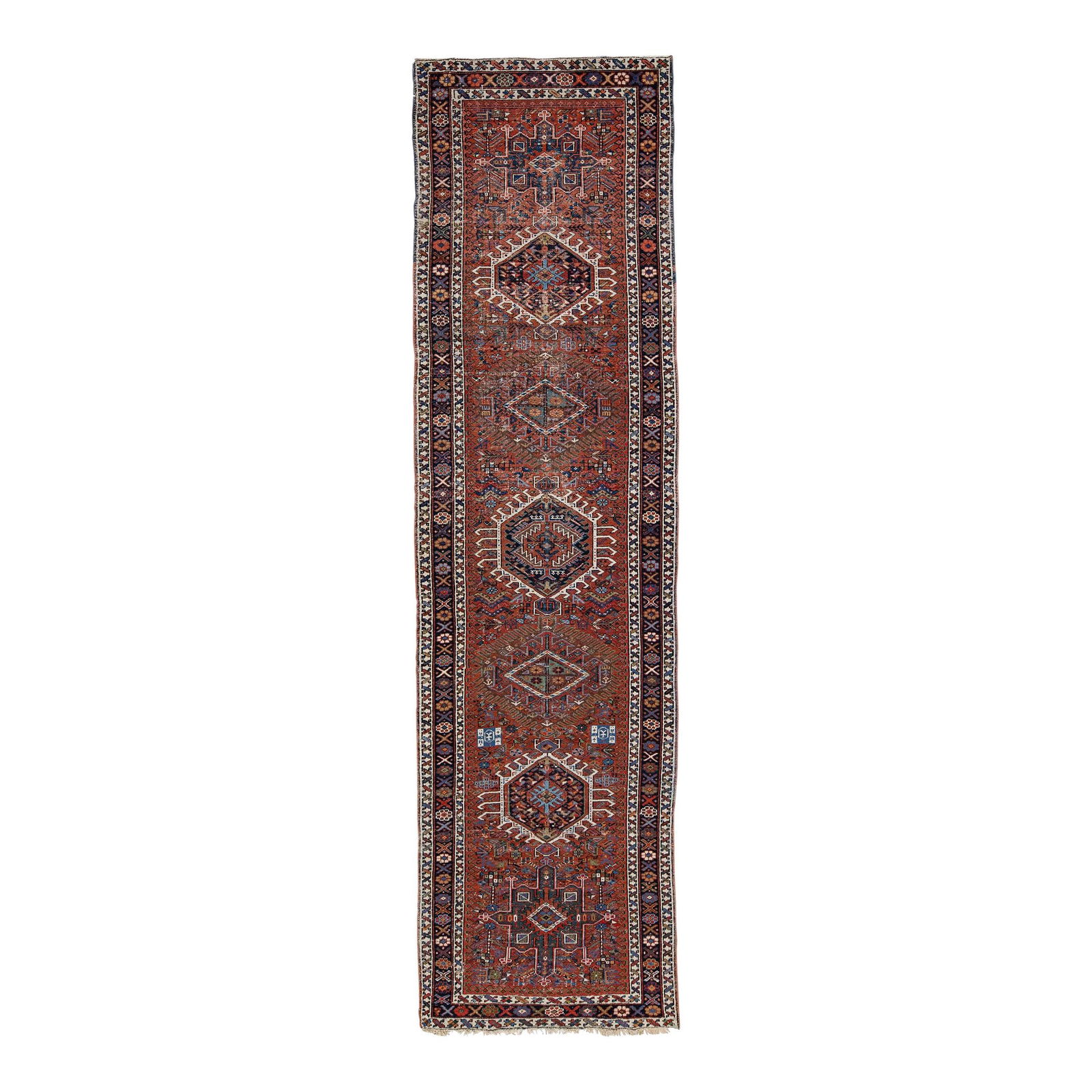 Vintage Karajah Wool Runner 3' x 10'8" Multi Medallion Design: Vintage Karajah Wool Runner 3' x 10'8" Multi Medallion Design This stunning vintage Karajah hand-knotted wool runner rug features a vibrant brick red field adorned with a captivating all-over geometri