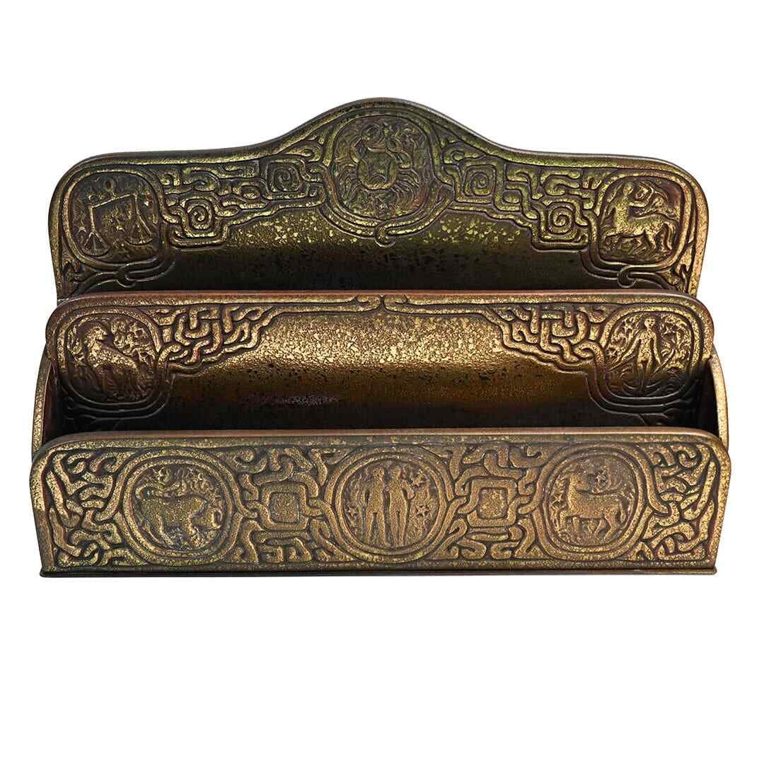 Antique Tiffany Studios Gilt Bronze Zodiac Letter Holder Art Nouveau: Antique Tiffany Studios Gilt Bronze Zodiac Letter Holder Art Nouveau This exquisite antique letter holder from Tiffany Studios showcases the elegant craftsmanship of the Art Nouveau period. Made of gi