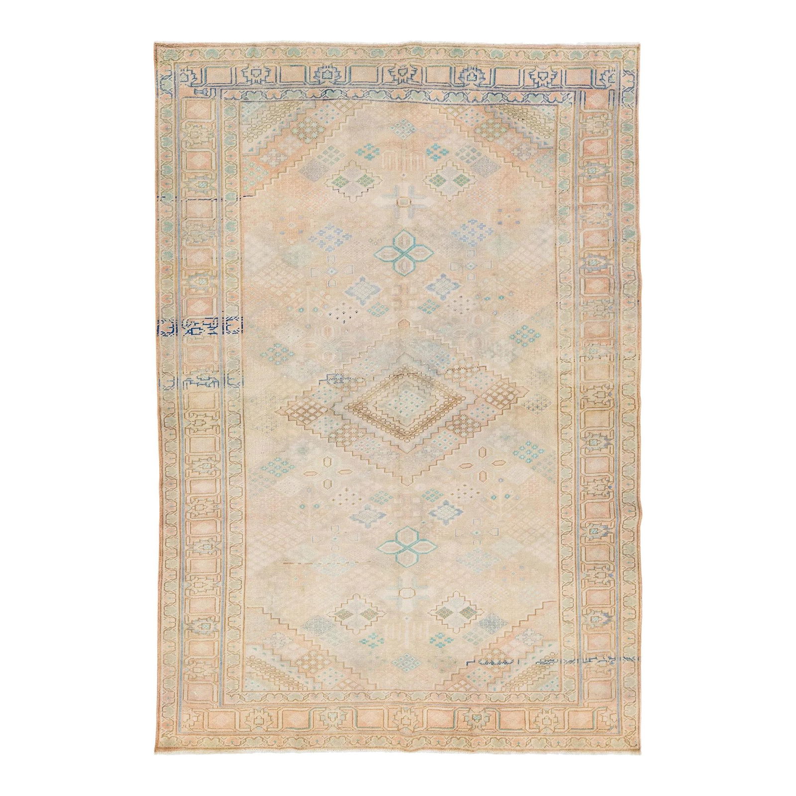Vintage 1930s Josheghan Persian Wool Rug Geometric Design Beige: Vintage 1930s Josheghan Persian Wool Rug Geometric Design Beige Experience the charm of the 1930s with this handmade Josheghan Persian wool rug. Crafted with meticulous attention to detail, this rug f