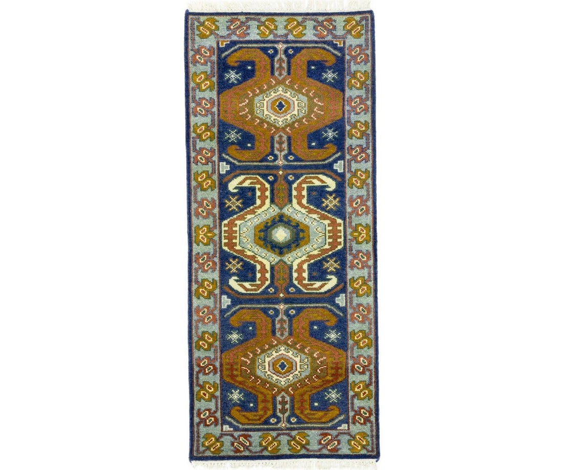 Hand-Knotted Wool Area Rug Modern Tribal Geometric Design 2'6 x 5'11: Hand-Knotted Wool Area Rug Modern Tribal Geometric Design 2'6 x 5'11 This pre-owned handmade rug features a navy blue geometric tribal pattern, expertly hand-knotted from wool. Its modern design is co