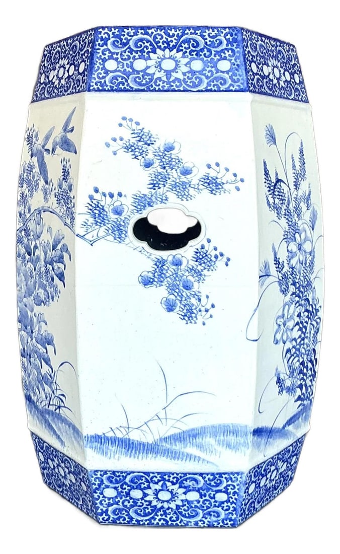 Vintage Regency Blue Willow Ceramic Hexagonal Stool: Vintage Regency Blue Willow Ceramic Hexagonal Stool Enhance your decor with this stunning Vintage Regency Blue Willow Glazed Ceramic Low Stool. This timeless piece combines functionality with aestheti