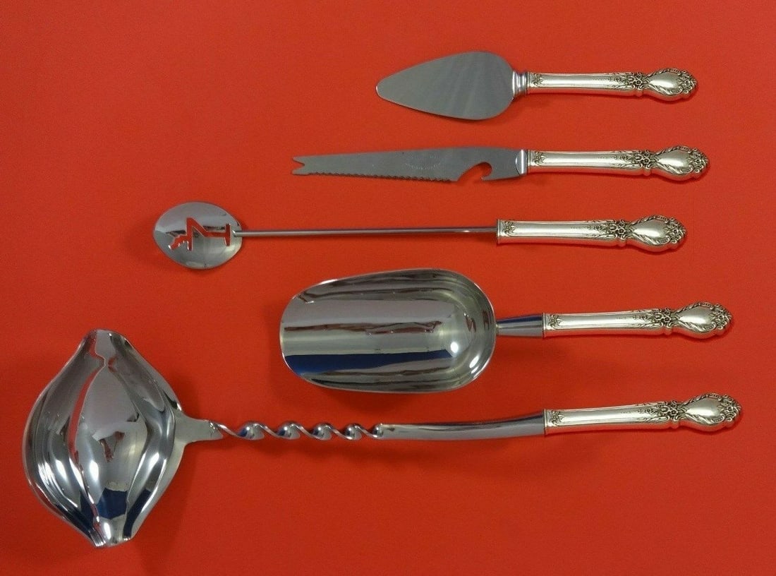 International Sterling Silver Brocade 5pc Cocktail Party Set: International Sterling Silver Brocade 5pc Cocktail Party Set Elevate your cocktail parties with this exquisite 5-piece Brocade Hostess Set by International Sterling. Crafted from high-quality sterling