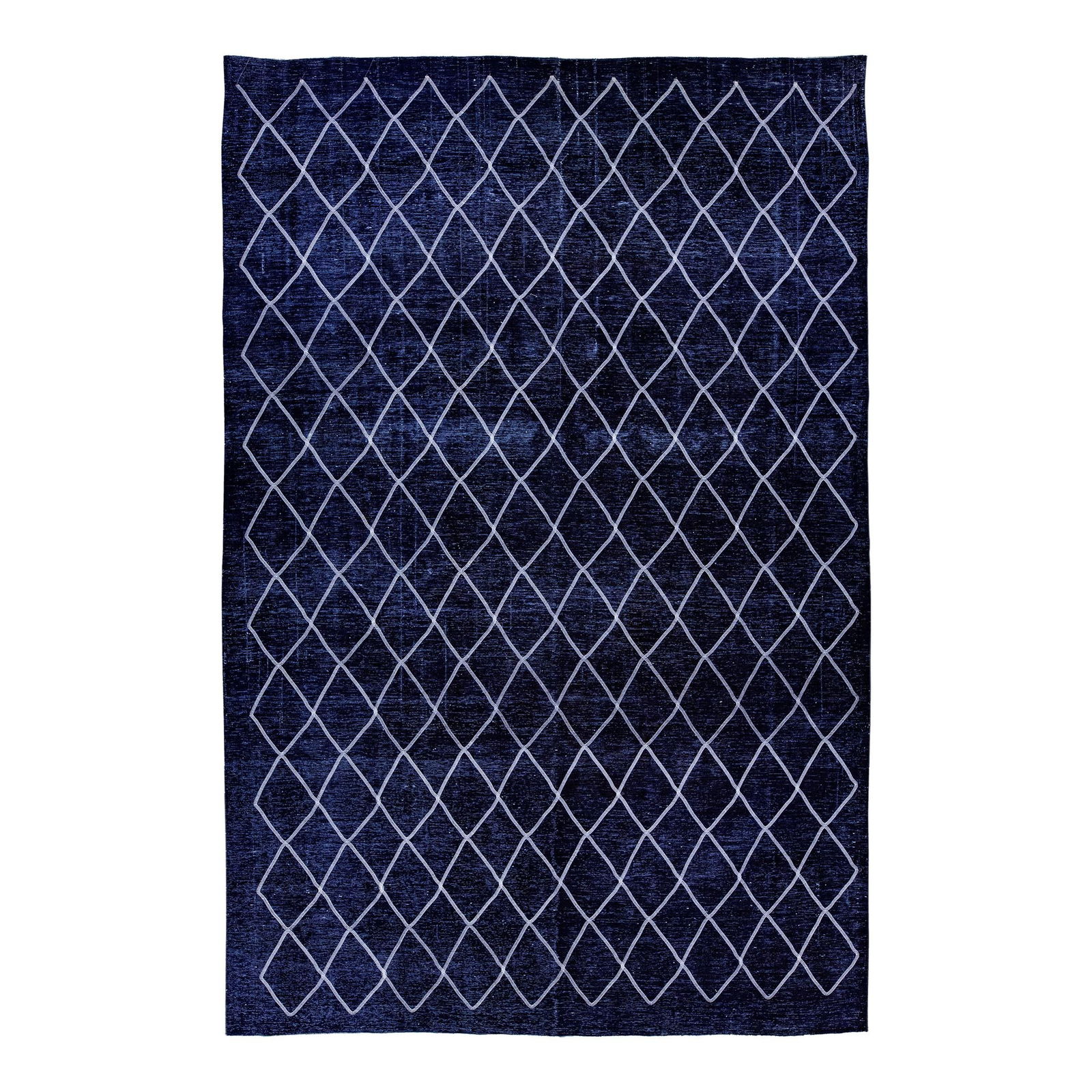 Turkish Handmade Wool Rug Navy Blue Diamond Trellis 9'6 x 14'5: Turkish Handmade Wool Rug Navy Blue Diamond Trellis 9'6 x 14'5 Enhance your space with this exquisite Turkish handmade wool rug, featuring a striking navy-blue distressed field. The modern design show