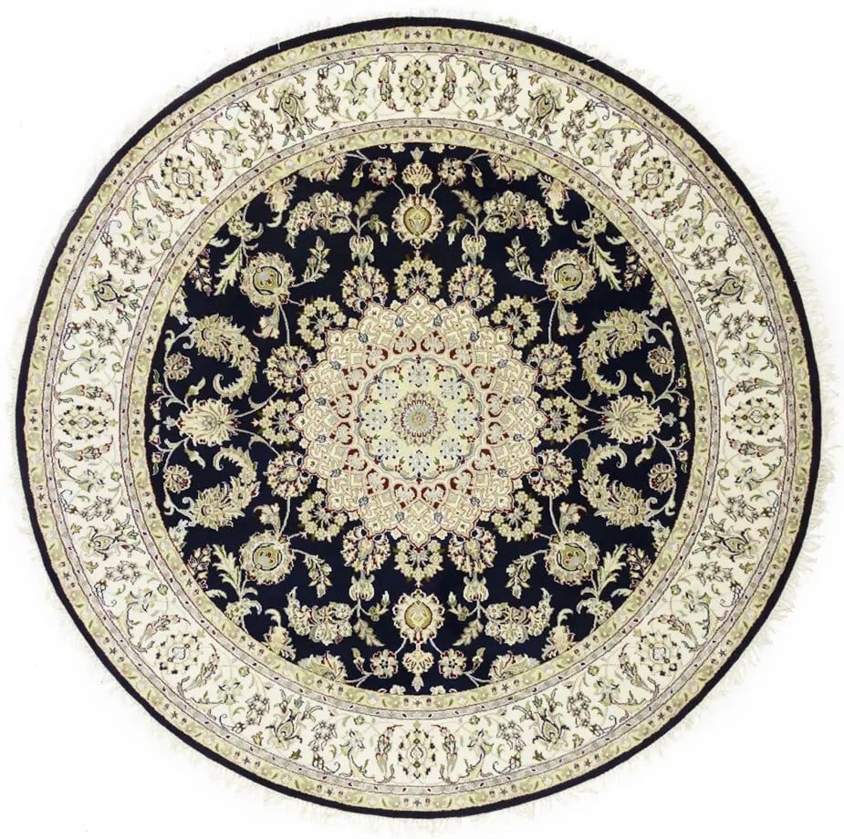Handmade 7 ft Round Indo-Nain Floral Rug Wool Silk Dark Navy: Handmade 7 ft Round Indo-Nain Floral Rug Wool Silk Dark Navy Enhance your space with this exquisite 7X7 ft Round Indo-Nain Oriental Rug, meticulously handmade to feature a stunning floral pattern in a