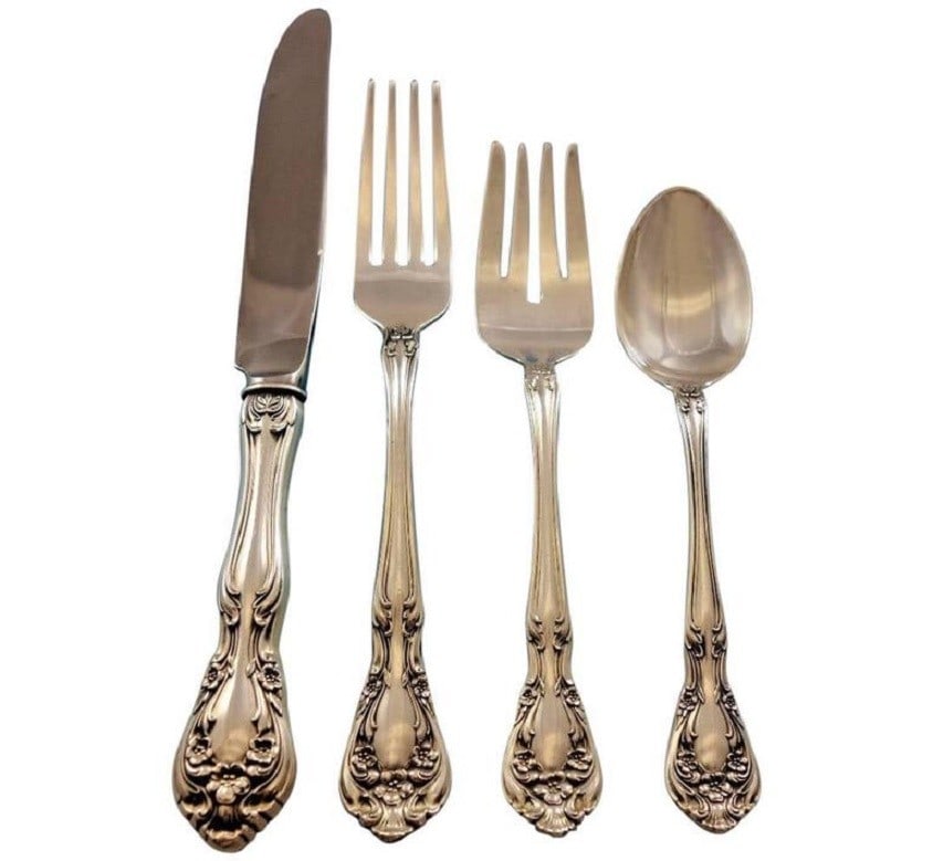 Alvin Chateau Rose Sterling Silver Flatware Set 48 Pieces for 12 with Storage Chest: Alvin Chateau Rose Sterling Silver Flatware Set 48 Pieces for 12 with Storage Chest Introducing the stunning Chateau Rose by Alvin Sterling Silver Flatware Set, designed for elegant dining experiences
