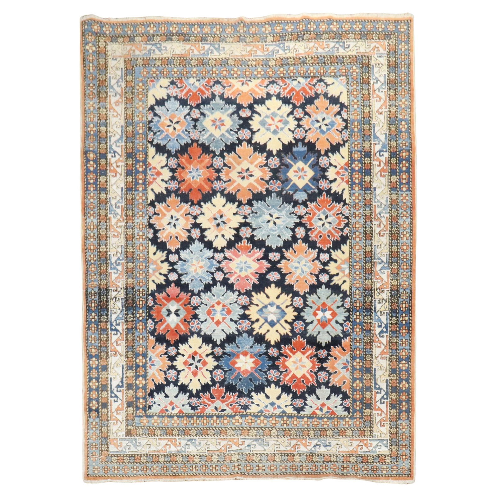 Zabihi Collection Vintage Inspired Caucasian Snowflake Rug 77 x 97 Hand-Woven Wool: Zabihi Collection Vintage Inspired Caucasian Snowflake Rug 77 x 97 Hand-Woven Wool This exquisite Turkish Azari Vintage Inspired Caucasian Snowflake Rug showcases a stunning Mid-Century Modern style,
