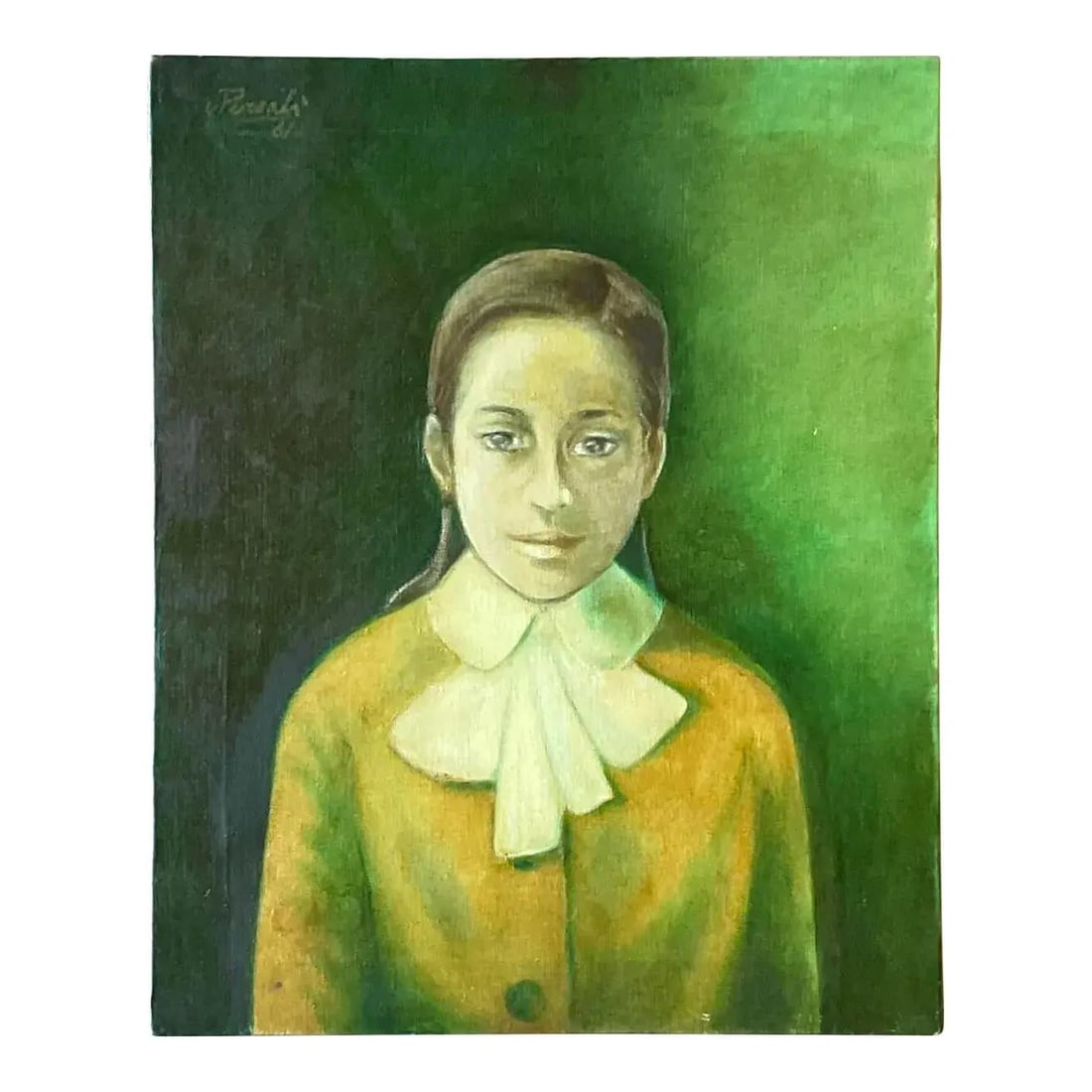1960s Italian Oil Painting Portrait in Bohemian Vintage Style on Canvas: 1960s Italian Oil Painting Portrait in Bohemian Vintage Style on Canvas This original oil portrait from the 1960s features a serene young figure set against a rich green background. The painting is cr