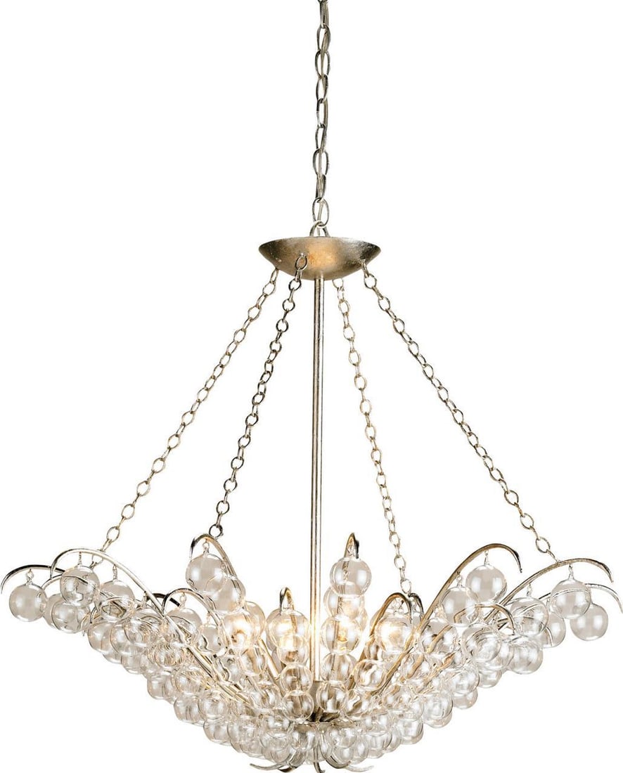 Currey Quantum Contemporary Glass Bowl Chandelier 28H 31W 31D Adjustable Silver Finish: Currey Quantum Contemporary Glass Bowl Chandelier 28H 31W 31D Adjustable Silver Finish Illuminate your space with this captivating contemporary glass chandelier, designed to add a touch of elegance to