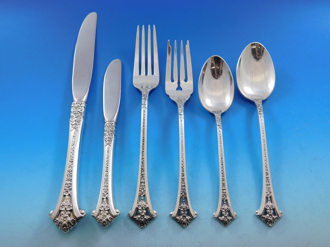 Gorham Classic Bouquet Sterling Silver Flatware Set for 12 77 Pieces: Gorham Classic Bouquet Sterling Silver Flatware Set for 12 77 Pieces This exquisite Classic Bouquet Sterling Silver Flatware Set by Gorham is designed for elegant dining, accommodating up to 12 guests
