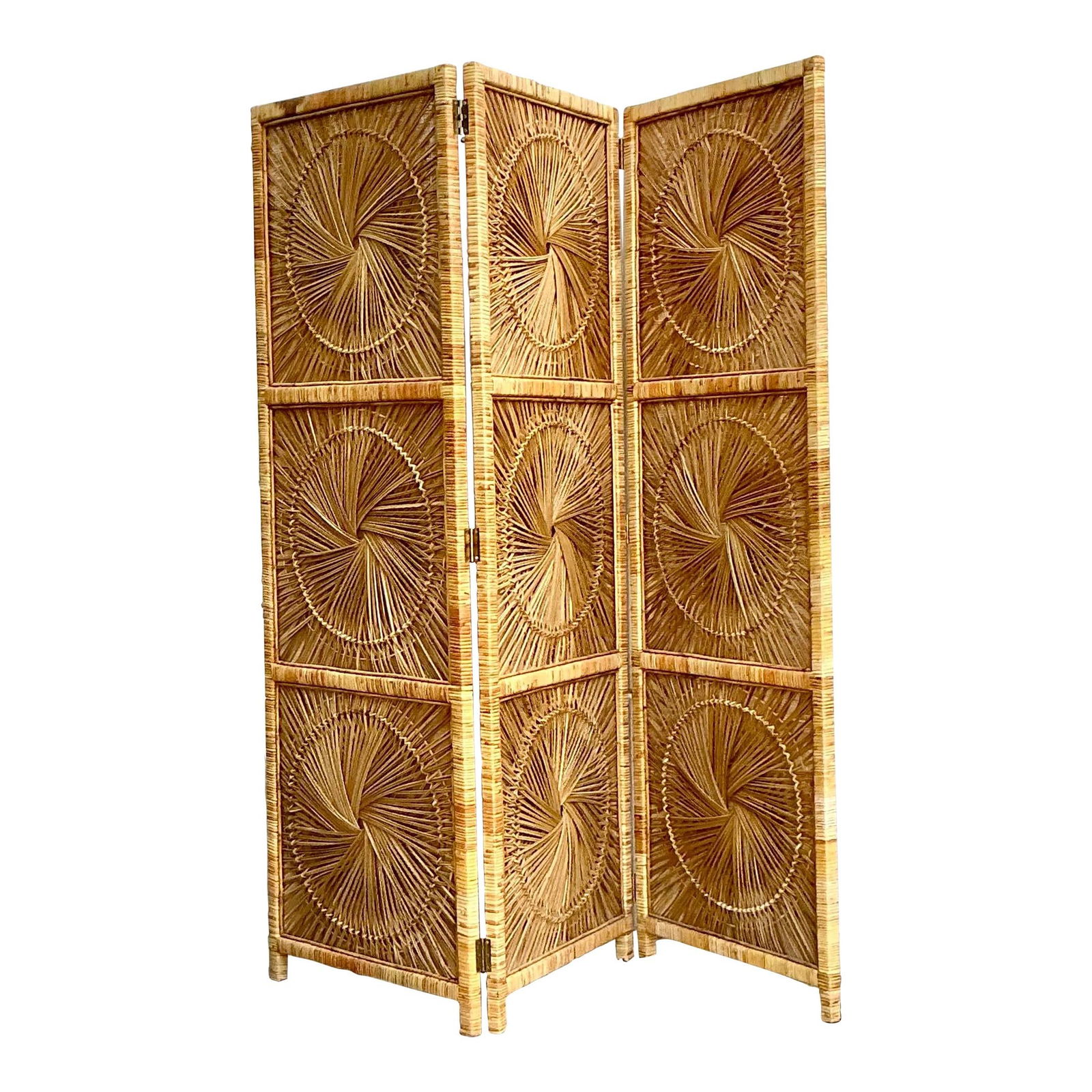Vintage Coastal Rattan Folding Screen Boho Charm 72.25": Vintage Coastal Rattan Folding Screen Boho Charm 72.25" Enhance your home with this Vintage Coastal Woven Rattan Folding Screen, a perfect blend of coastal charm and bohemian elegance. Made from natur