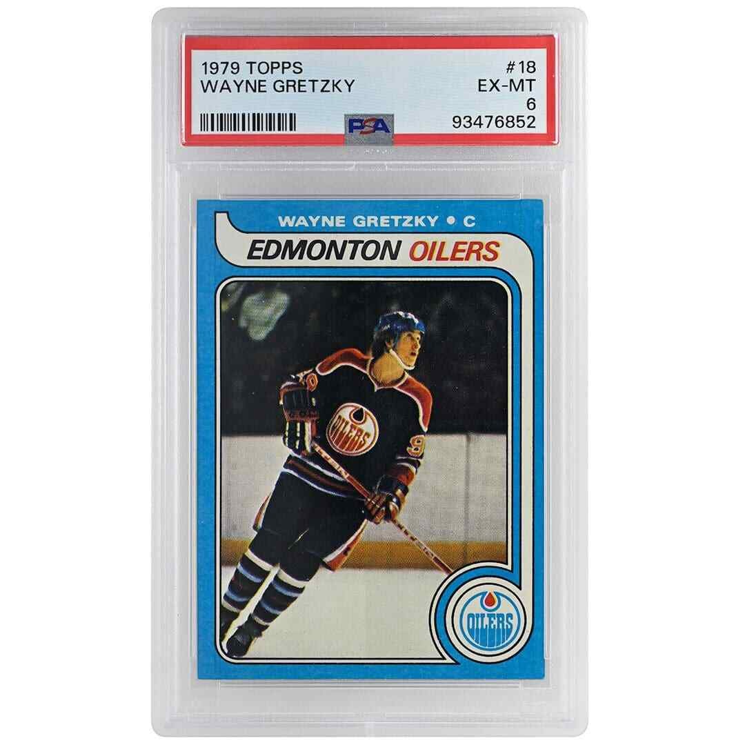 Wayne Gretzky 1979 Topps #18 Rookie Card PSA 6 Graded NHL Collectible: Wayne Gretzky 1979 Topps #18 Rookie Card PSA 6 Graded NHL Collectible This is a 1979 Topps #18 Rookie Card of Wayne Gretzky, graded at PSA 6, reflecting an excellent to mint condition. Known as 'The G