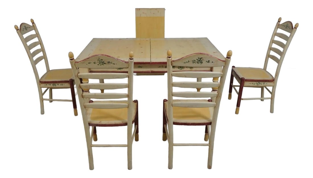 Charming Country Style Dining Table and Chairs Set with Hand-Painted Finish: Charming Country Style Dining Table and Chairs Set with Hand-Painted Finish This charming Country Paint Decorated Dining Room Table and Chairs Set features a factory distressed finish that enhances it