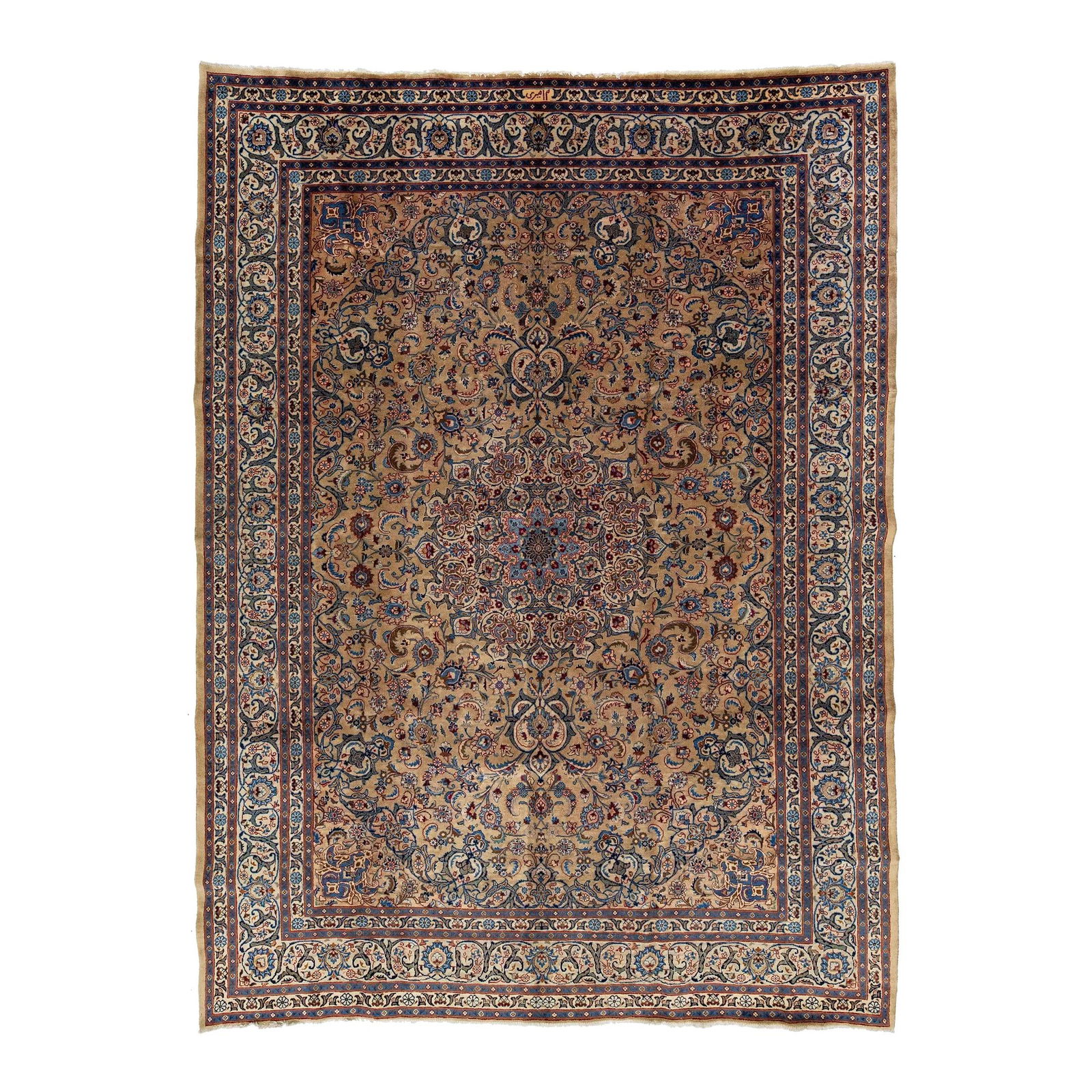 Vintage Persian Kashan Handmade Wool Rug 9'1 x 11 Rosette Design: Vintage Persian Kashan Handmade Wool Rug 9'1 x 11 Rosette Design This exquisite vintage Persian Kashan rug showcases a hand-knotted wool construction with a rich brown field adorned with vibrant blue