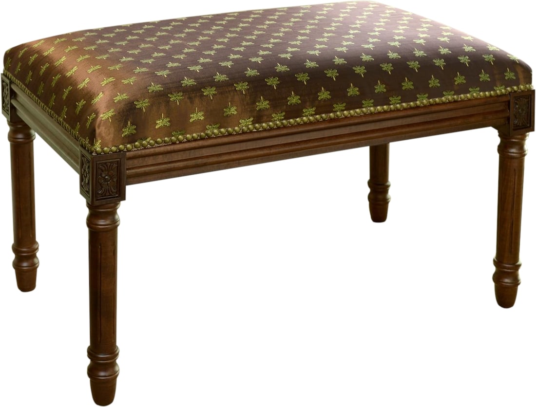 Victorian Style Brown Bench with Dragonfly Design and Brass Accents: Victorian Style Brown Bench with Dragonfly Design and Brass Accents This elegant brown bench features intricate dragonfly detailing, blending antique charm with modern craftsmanship. Designed in a Vic