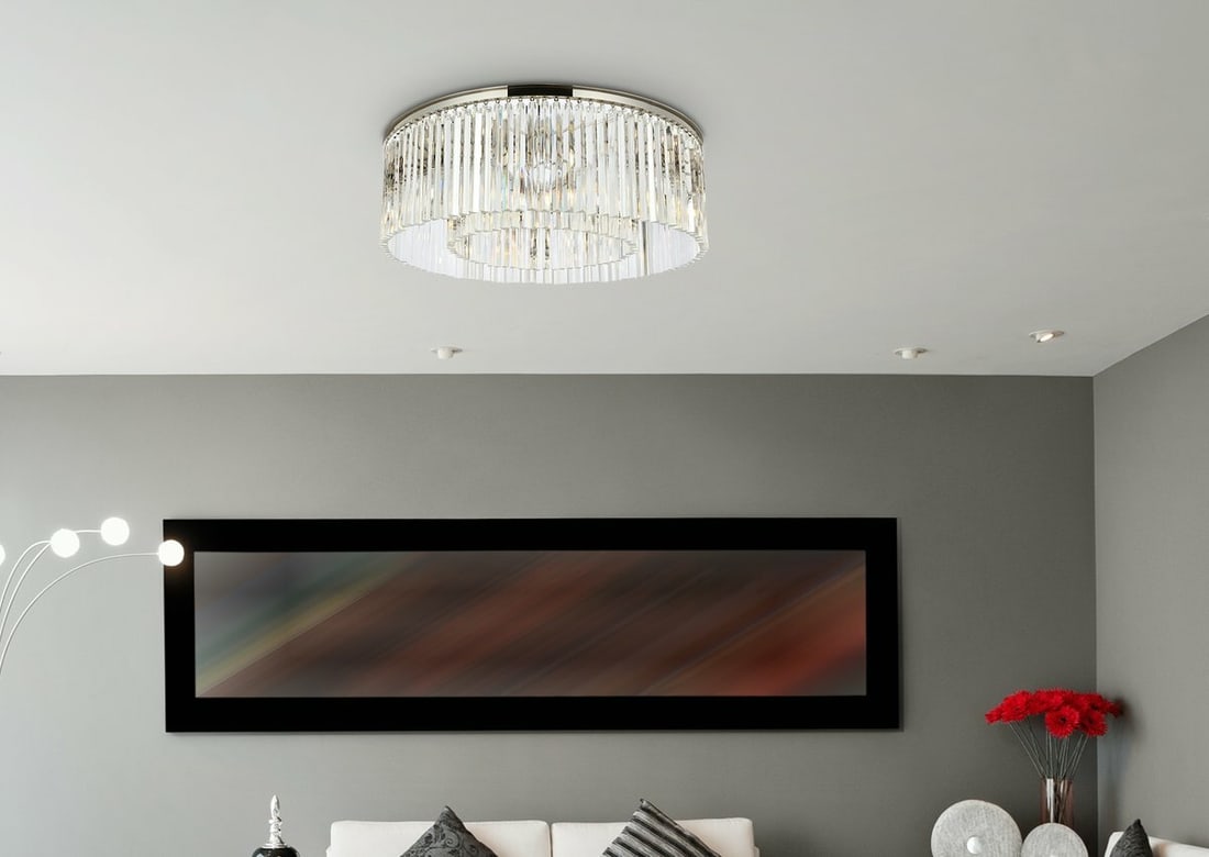 Sydney 10-Light Flush Mount Chandelier Polished Nickel Crystal 43.5 Inch: Sydney 10-Light Flush Mount Chandelier Polished Nickel Crystal 43.5 Inch Illuminate your space with this stunning 10-light flush mount chandelier, featuring a polished nickel finish that adds a touch