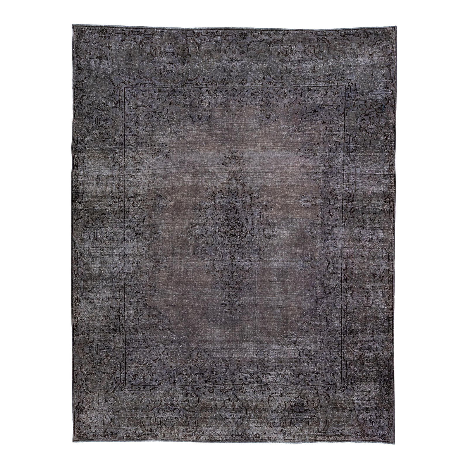 Vintage Persian Overdyed Handmade Gray Wool Rug 7'7 x 9'8 Medallion Design: Vintage Persian Overdyed Handmade Gray Wool Rug 7'7 x 9'8 Medallion Design This exquisite Vintage Persian Overdyed handmade wool rug features a stunning gray field adorned with black and brown accents