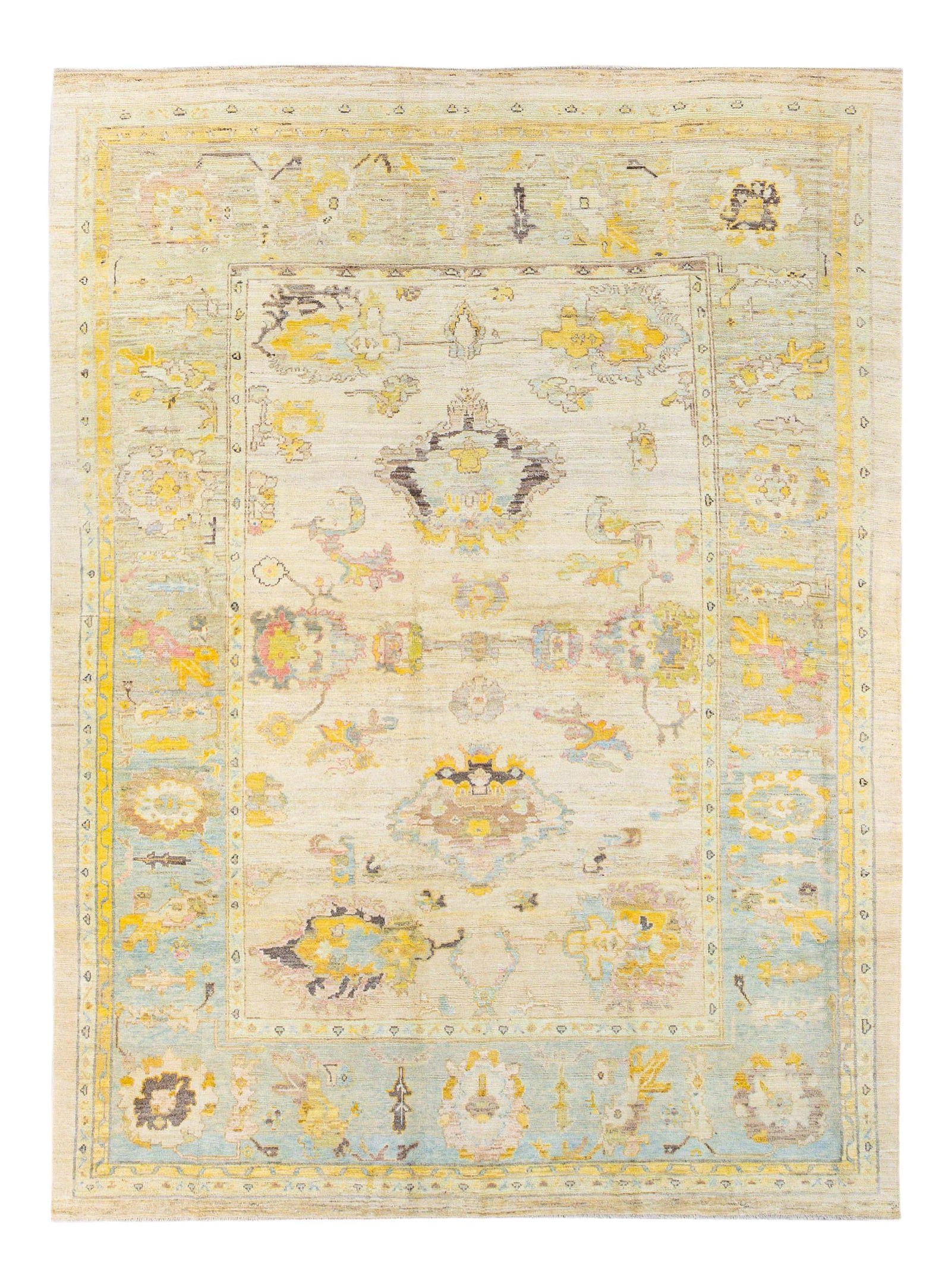 Vibrant Yellow Modern Oushak Hand-Knotted Wool Rug 10'7 x 14'2: Vibrant Yellow Modern Oushak Hand-Knotted Wool Rug 10'7 x 14'2 Enhance your space with this stunning modern Oushak hand-knotted wool rug featuring a vibrant yellow field. The design showcases a beauti