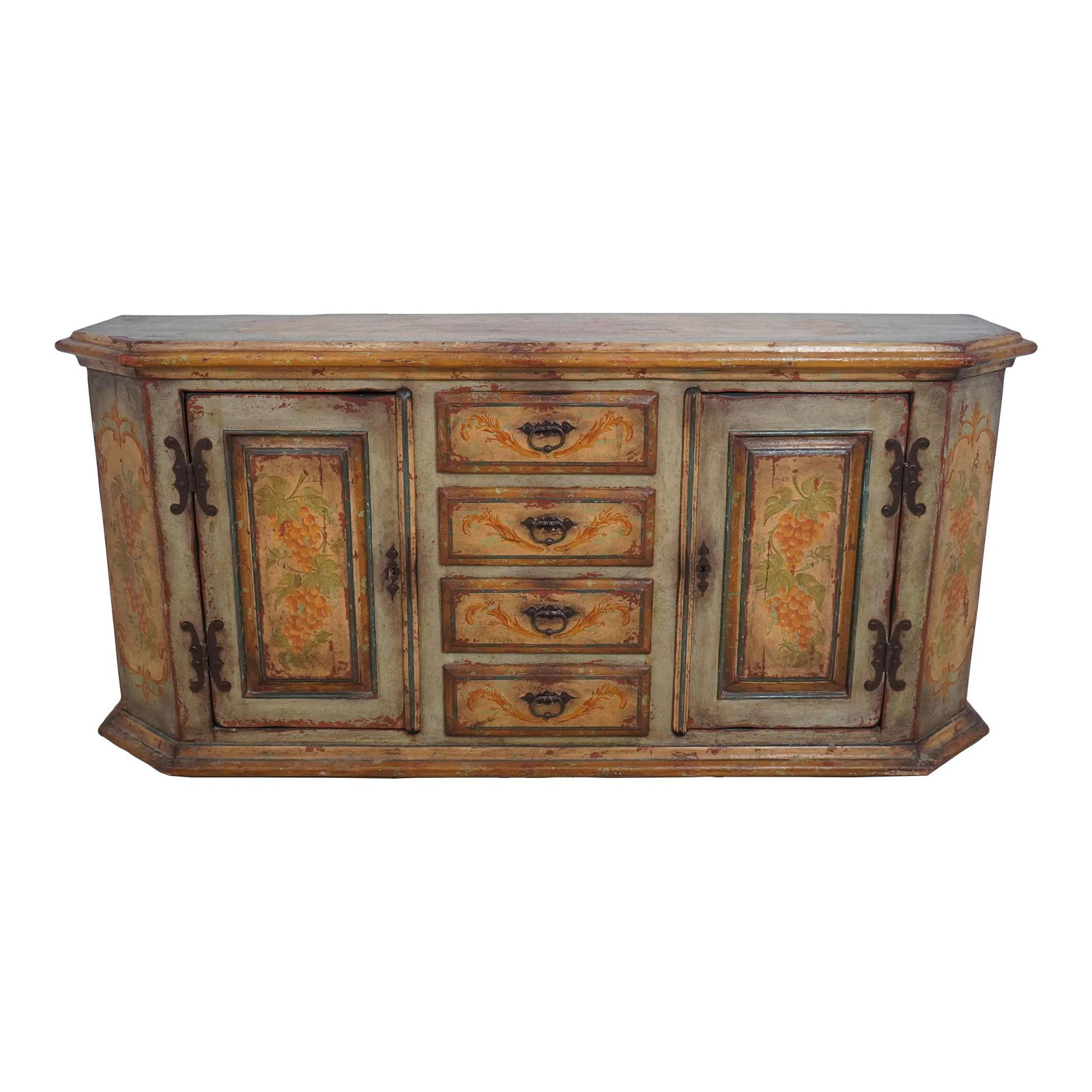 Charming 20 Year Old Distressed Paint Continental Sideboard: Charming 20 Year Old Distressed Paint Continental Sideboard This stunning Continental sideboard showcases a high-quality construction with a hand-painted finish and heavy factory distressing, reflecti
