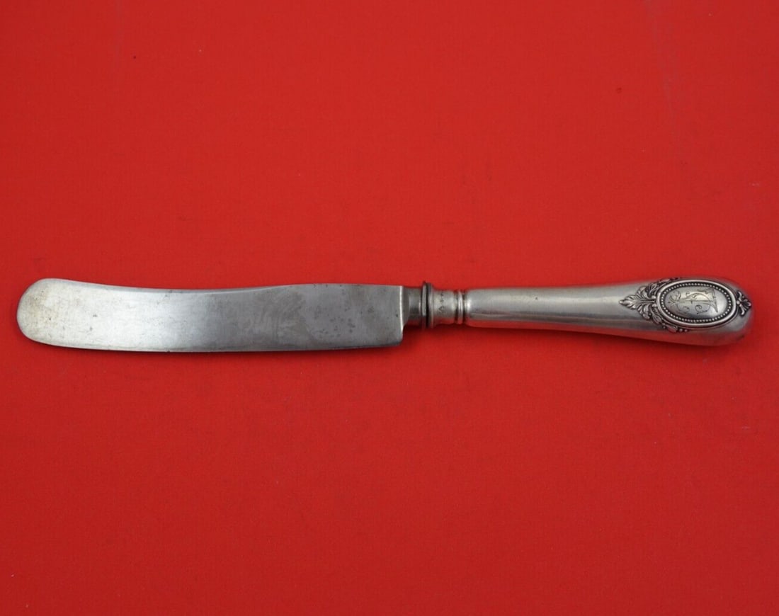 M.J. Ruckert Medallion .950 Silver Dinner Knife Blunt 10.5": M.J. Ruckert Medallion .950 Silver Dinner Knife Blunt 10.5" This exquisite dinner knife is part of the Medallion pattern by M.J. Ruckert, crafted in Germany from .950 silver. The knife features a holl