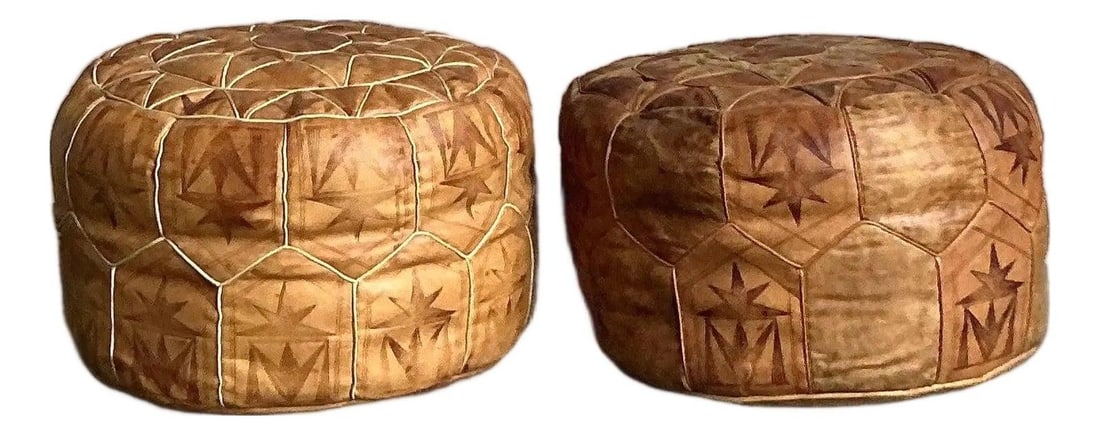Set of 2 Vintage Moroccan Leather Poufs Boho Decor: Set of 2 Vintage Moroccan Leather Poufs Boho Decor Elevate your living space with this charming set of two vintage Moroccan leather poufs, designed to bring exotic comfort and bohemian style to your h