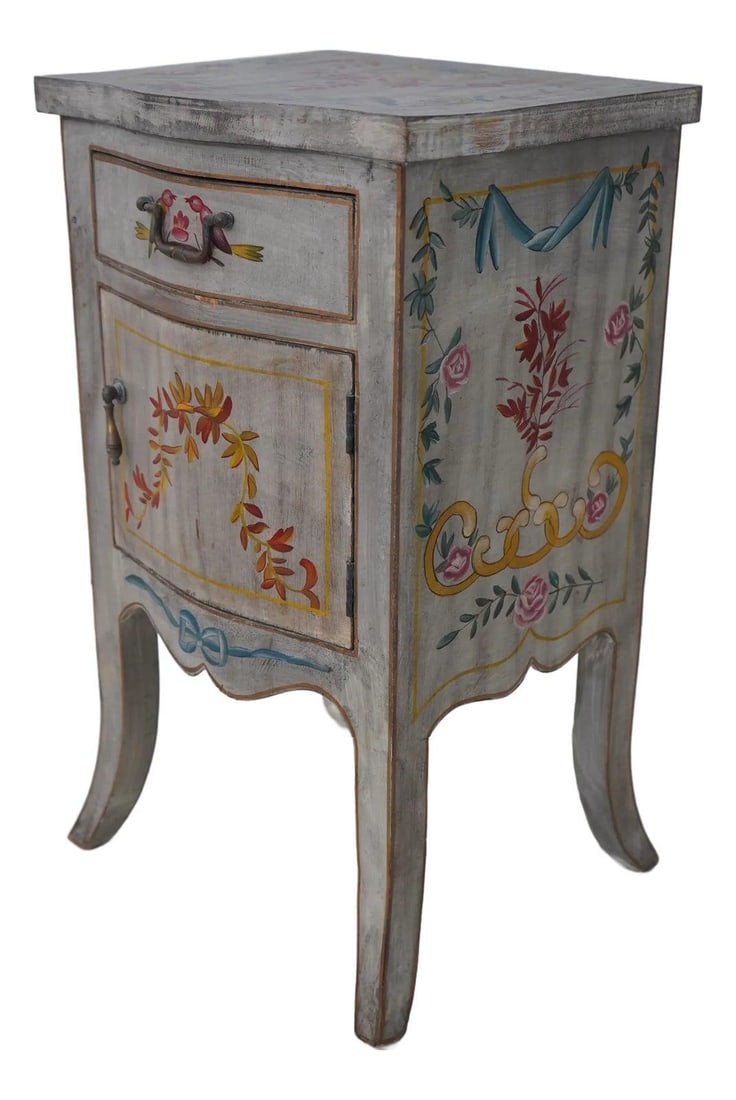 Elegant French Style Hand Painted Nightstand with 1 Drawer and 1 Door: Elegant French Style Hand Painted Nightstand with 1 Drawer and 1 Door This French Style Hand Painted Nightstand is a charming addition to any decor. With approximately 30 years of age, it features qua