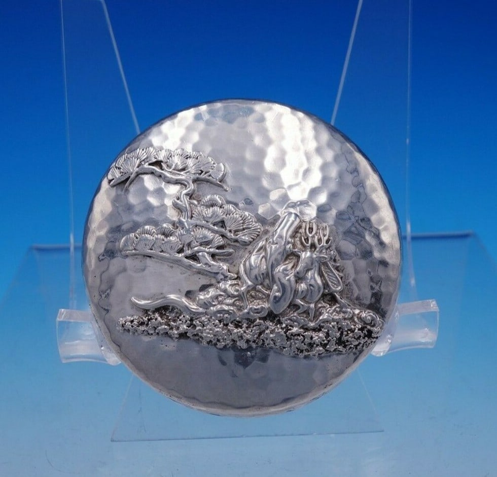 Gorham Applied Metals Sterling Silver Powder Jar 1883 Hand Hammered: Gorham Applied Metals Sterling Silver Powder Jar 1883 Hand Hammered This exquisite powder jar, crafted by Gorham, showcases the brand's renowned Applied Metals pattern. Made from sterling silver, this