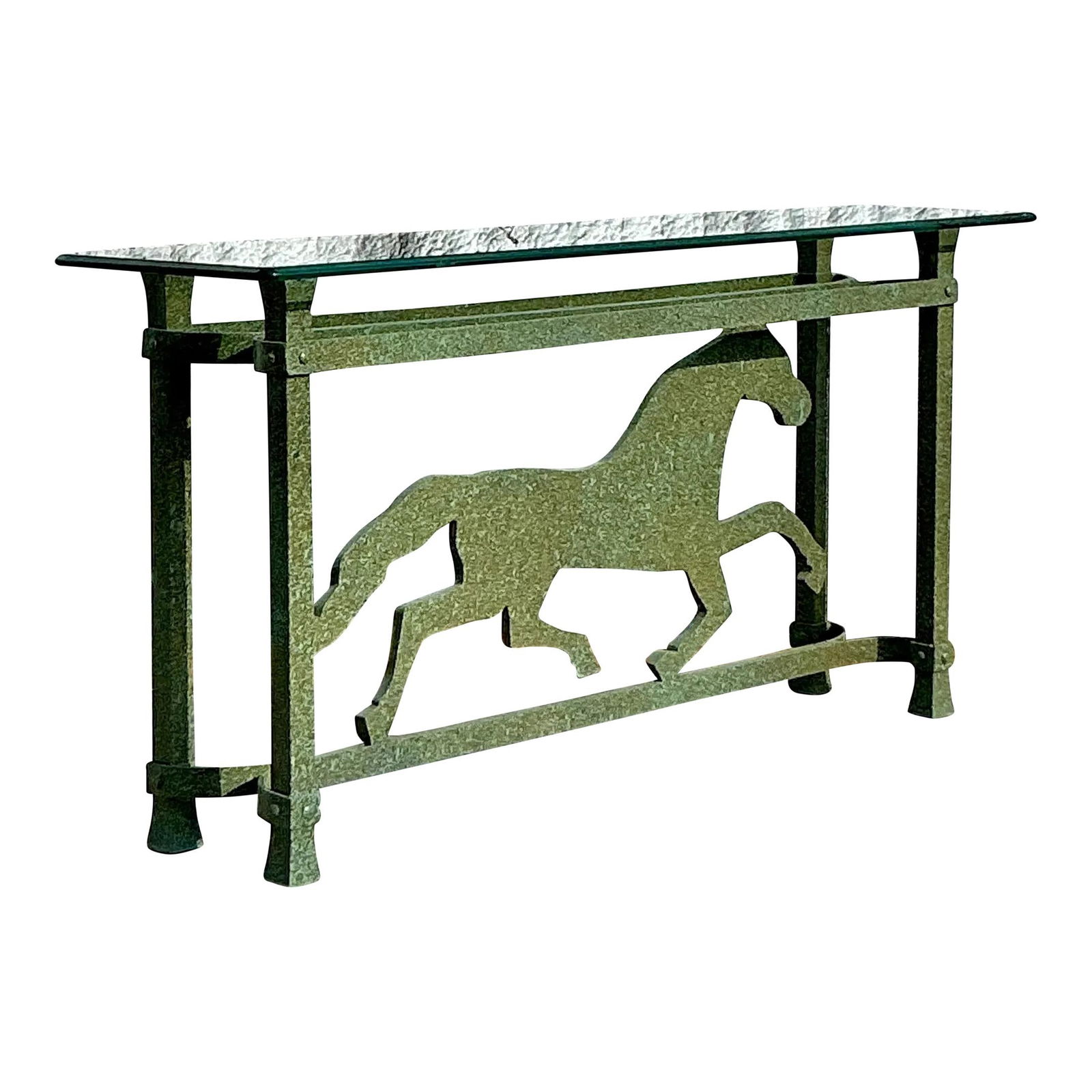 Vintage Boho Console Table with Hand-Painted Running Horse: Vintage Boho Console Table with Hand-Painted Running Horse Elevate your space with this stunning vintage Boho console table, featuring a beautifully hand-painted running horse motif on the front panel