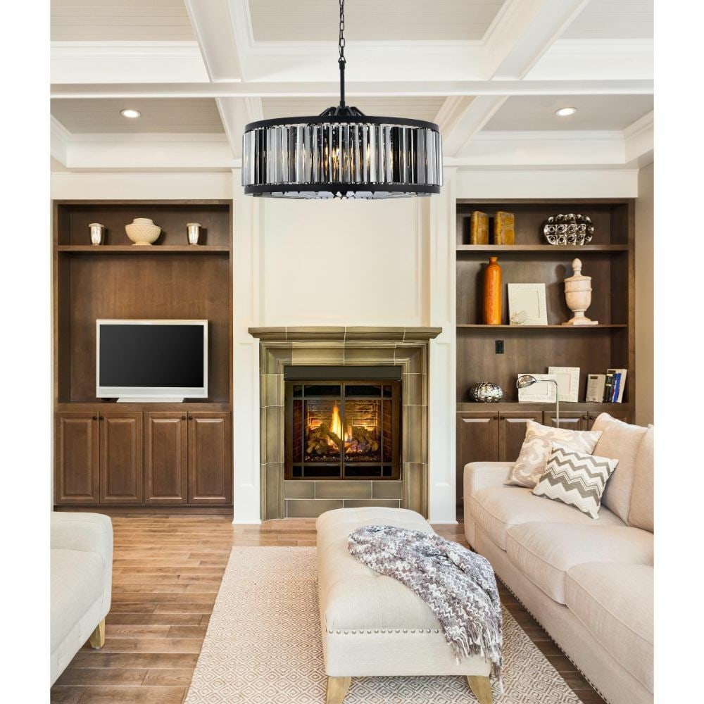 Chelsea Matte Black 10-Light Crystal Chandelier 35.5 in: Chelsea Matte Black 10-Light Crystal Chandelier 35.5 in Illuminate your space with this stunning 10-light chandelier, designed for modern elegance. The fixture features a striking matte black finish c