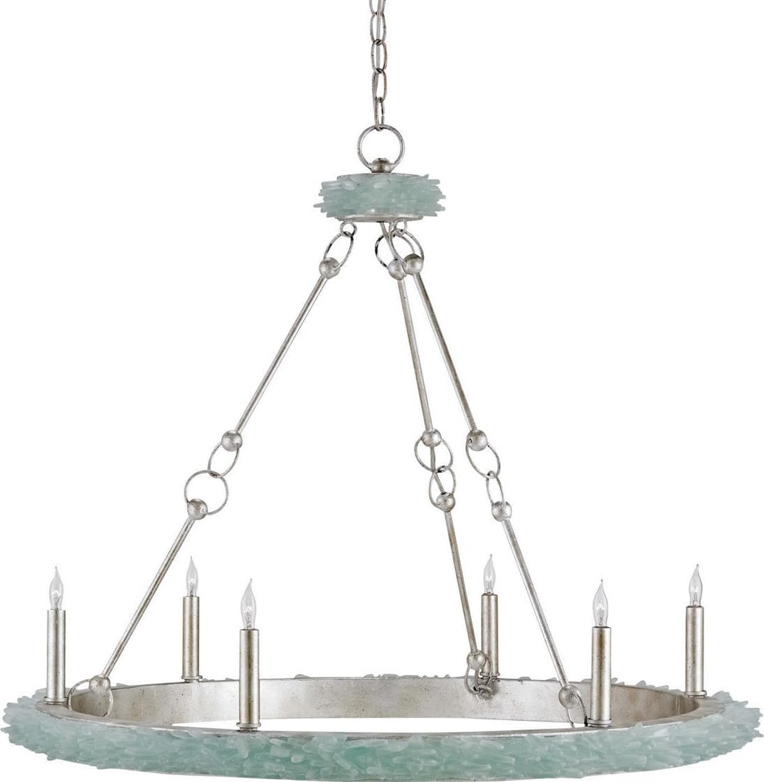 Coastal Style Bowl Chandelier by Currey Clear Silver Finish: Coastal Style Bowl Chandelier by Currey Clear Silver Finish Illuminate your space with this exquisite bowl chandelier inspired by the serene beauty of placid waters. Crafted from glass and wrought iro