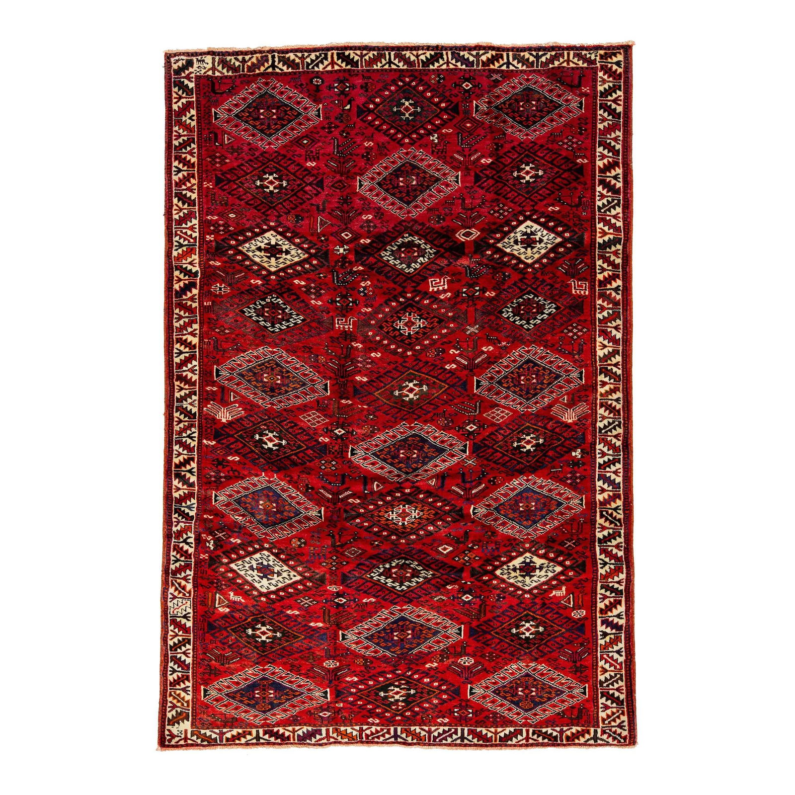 Vintage Persian Shiraz Hand-Knotted Wool Rug 5'10 x 9 Red Geometric Design: Vintage Persian Shiraz Hand-Knotted Wool Rug 5'10 x 9 Red Geometric Design Enhance your space with this stunning Vintage Persian Shiraz handmade wool rug. Featuring a captivating red field, this rug i