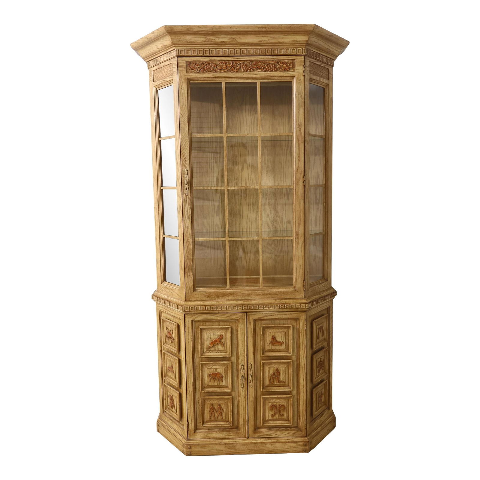 Rare Rom Weber Viking Oak China Cabinet with Zodiac Carvings: Rare Rom Weber Viking Oak China Cabinet with Zodiac Carvings Discover a rare Rom Weber Viking Oak China Cabinet, custom ordered in the 1980s. This striking piece features intricate carved solid oak de